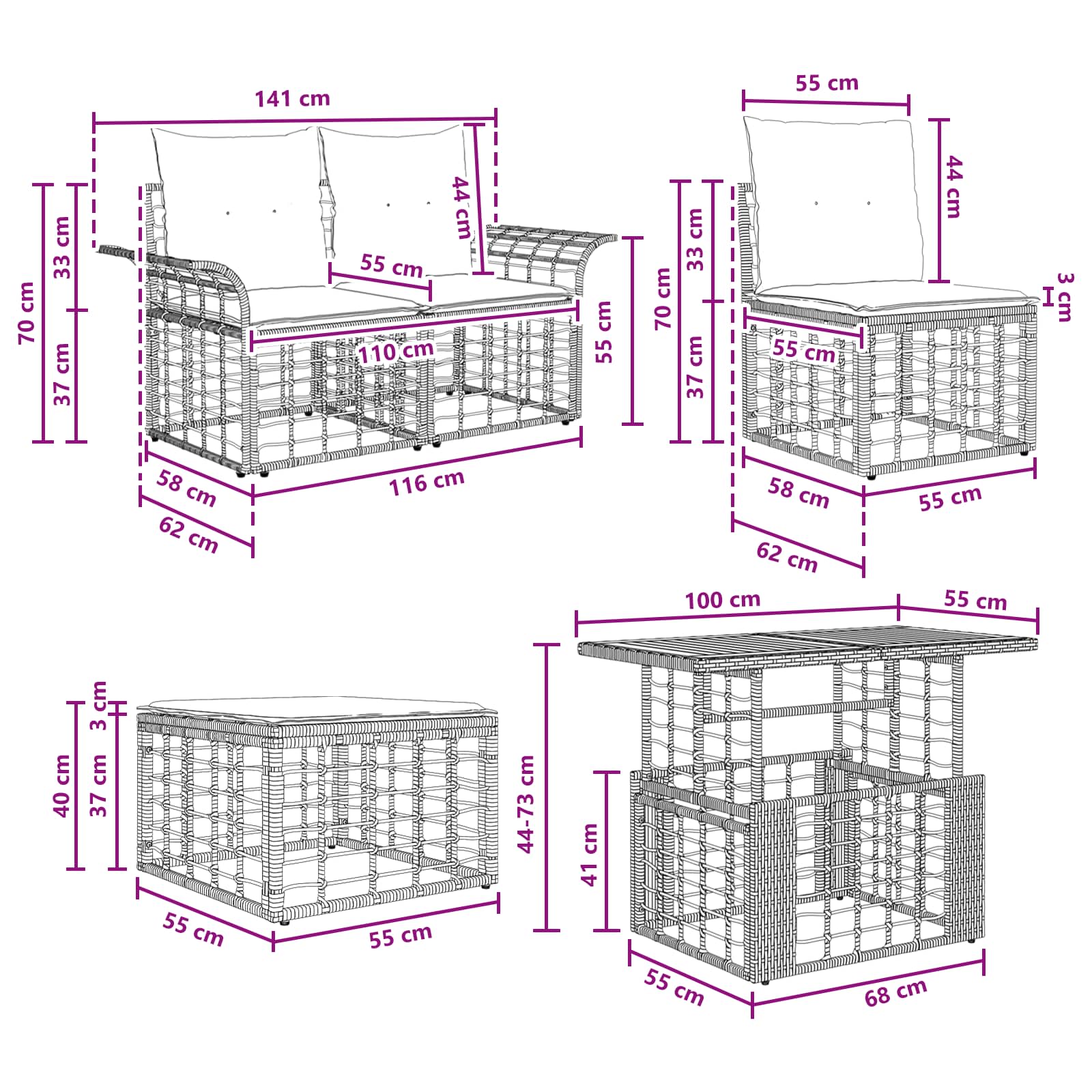 Gartensofa-set 12 stk. Schwarz und Dunkelgrau Poly-Rattan