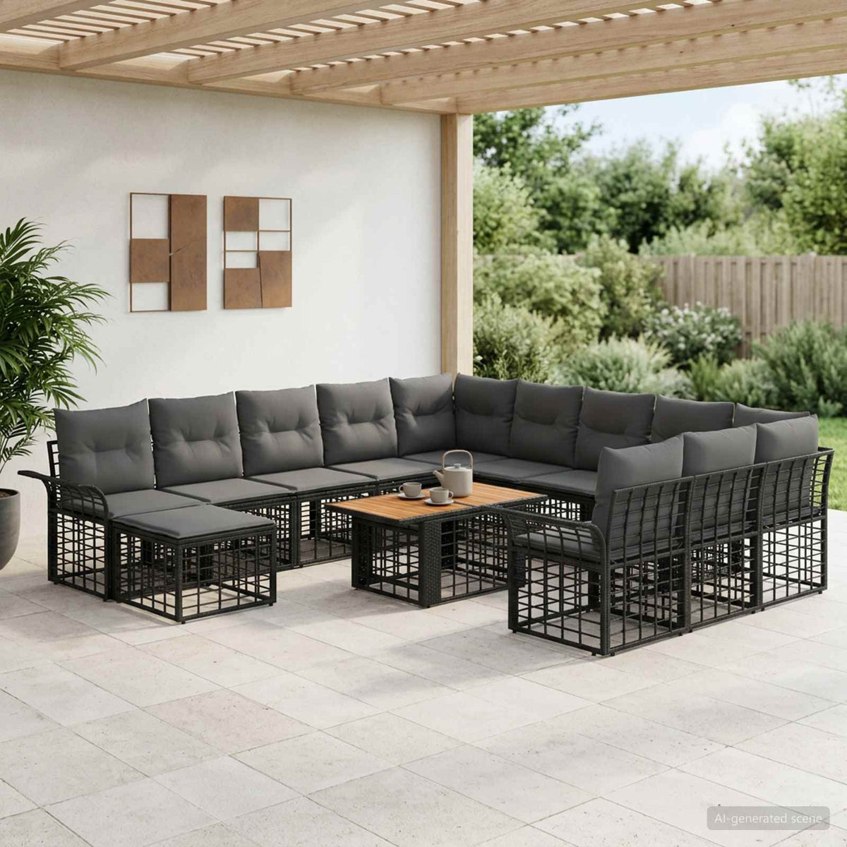 Gartensofa-set 13 stk. Schwarz und Dunkelgrau Poly-Rattan