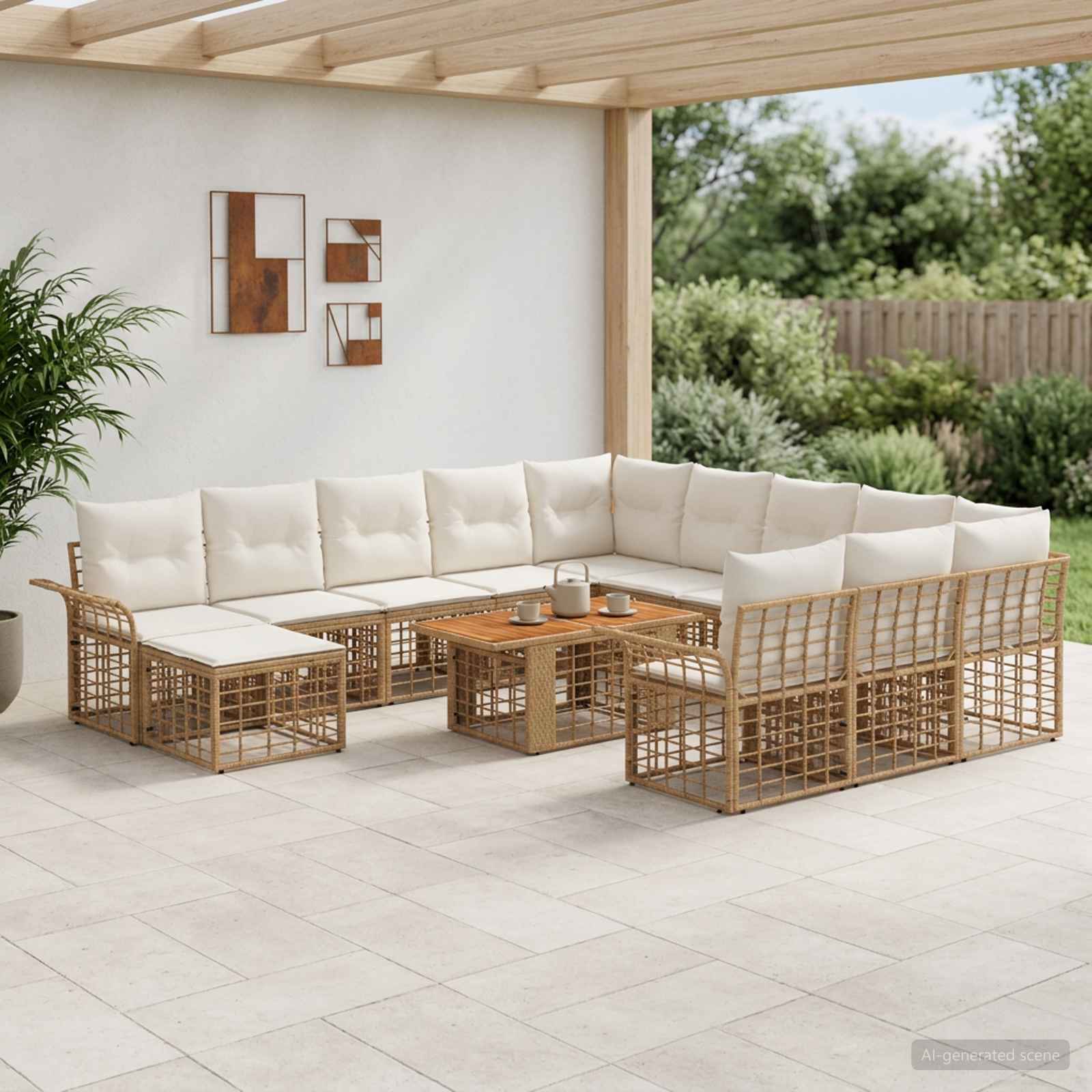 Gartensofa-set 13 stk. Natürlich und Cremweiß Poly-Rattan