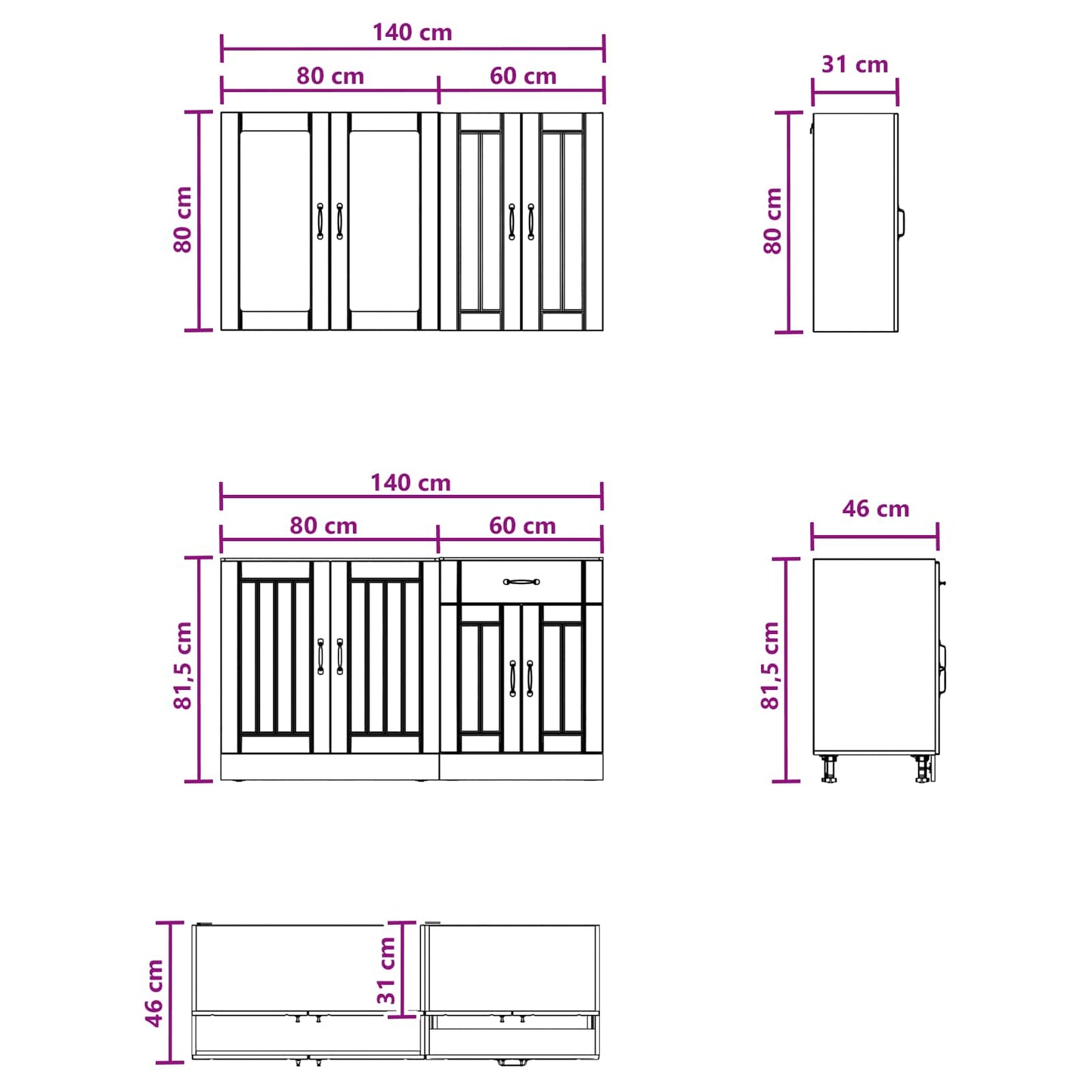 Kücheneinheit LUCCA 4 stk. Weiß Holzwerkstoff