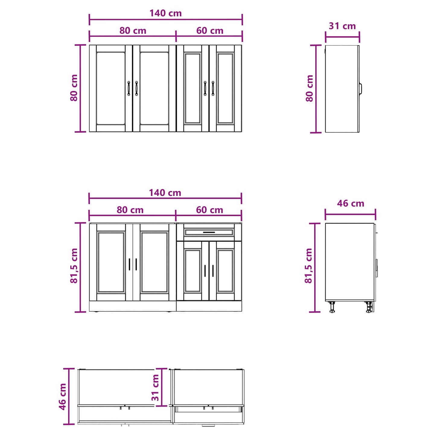 Kücheneinheit PORTO 4 stk. Weiß Holzwerkstoff