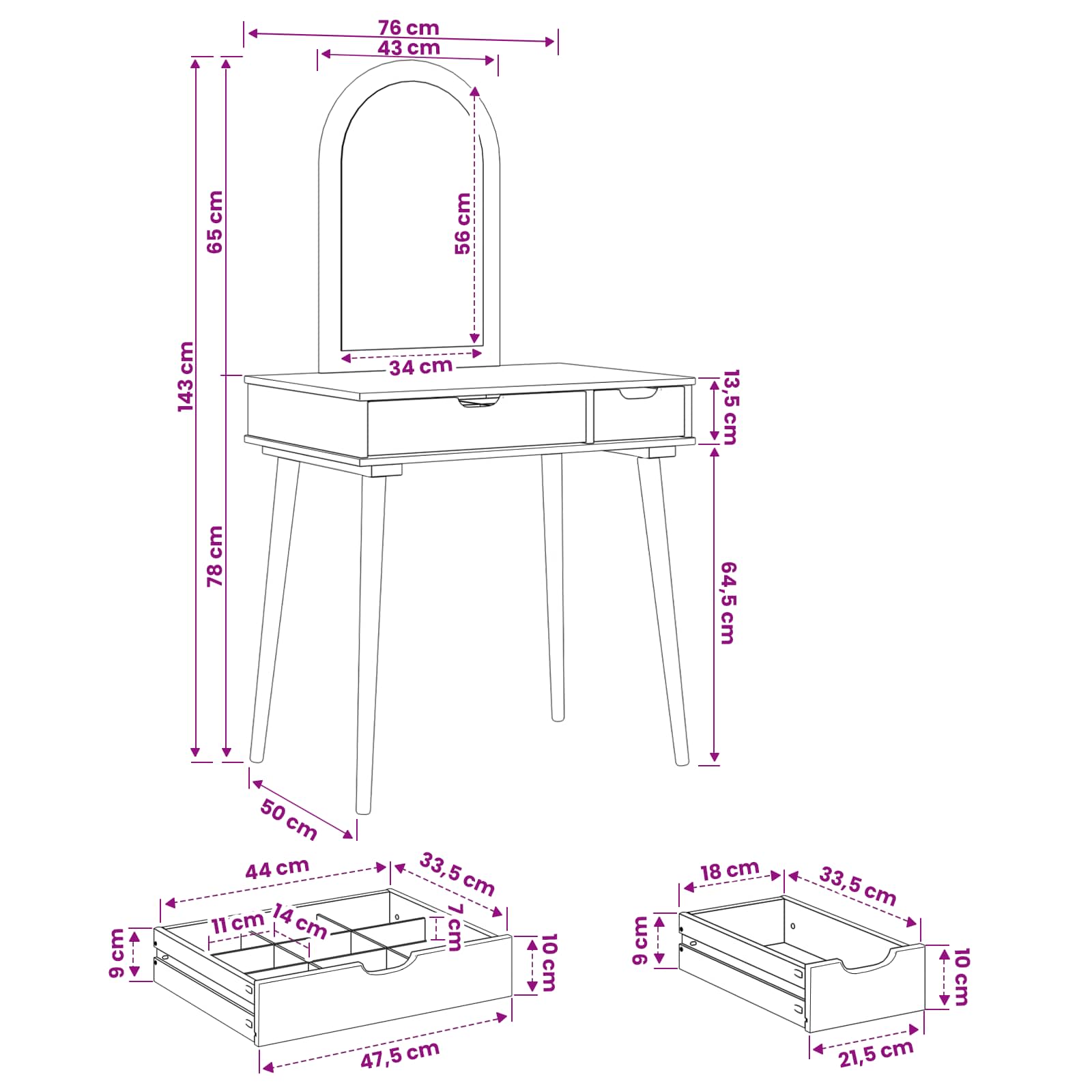 Schminktisch-Set FAUSKE 2 pcs Weiß 76 x 50 x 143 cm
