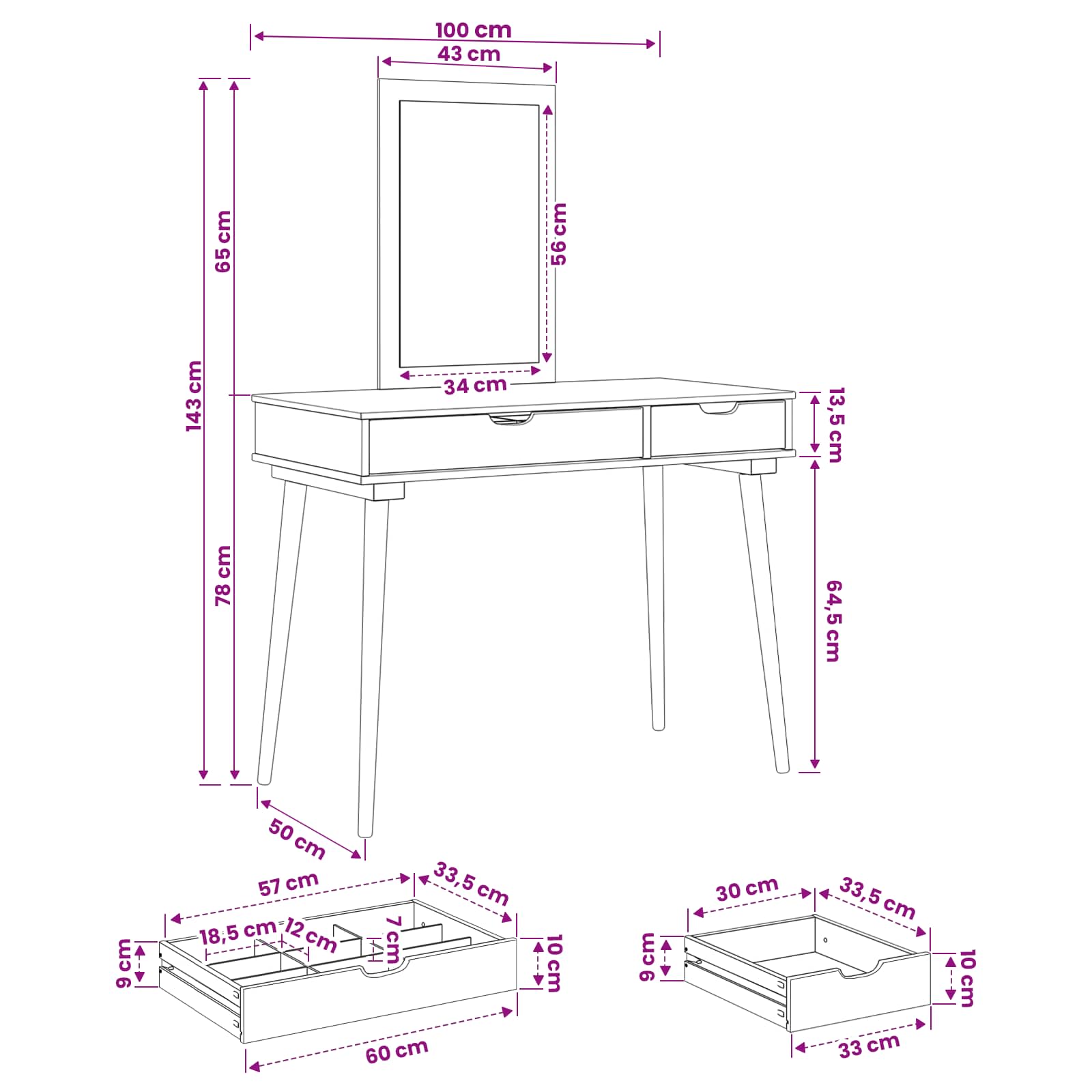 Schminktisch-Set FAUSKE 2 pcs Weiß 100 x 50 x 143 cm