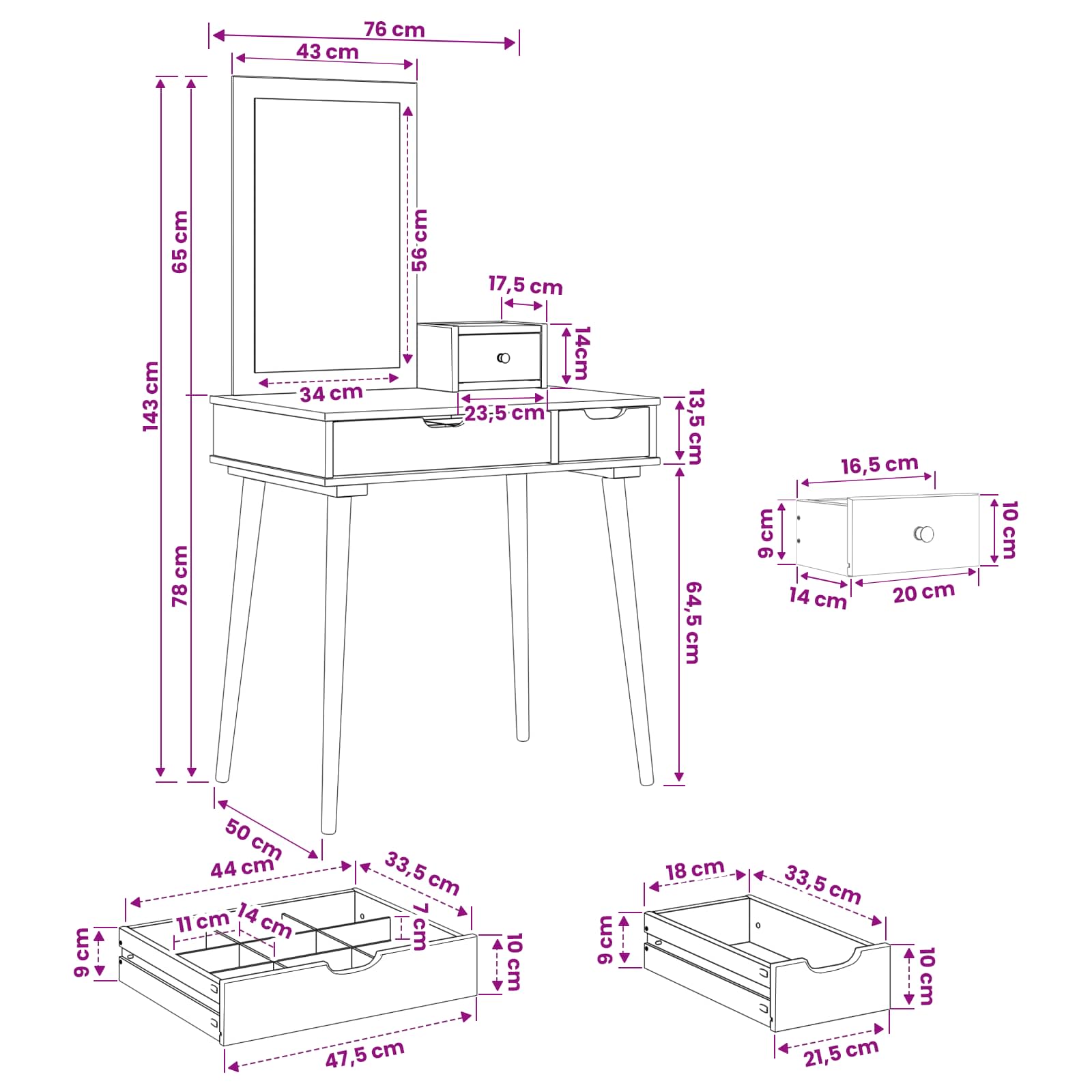 Schminktisch-Set FAUSKE 3 pcs Weiß 76 x 50 x 143 cm
