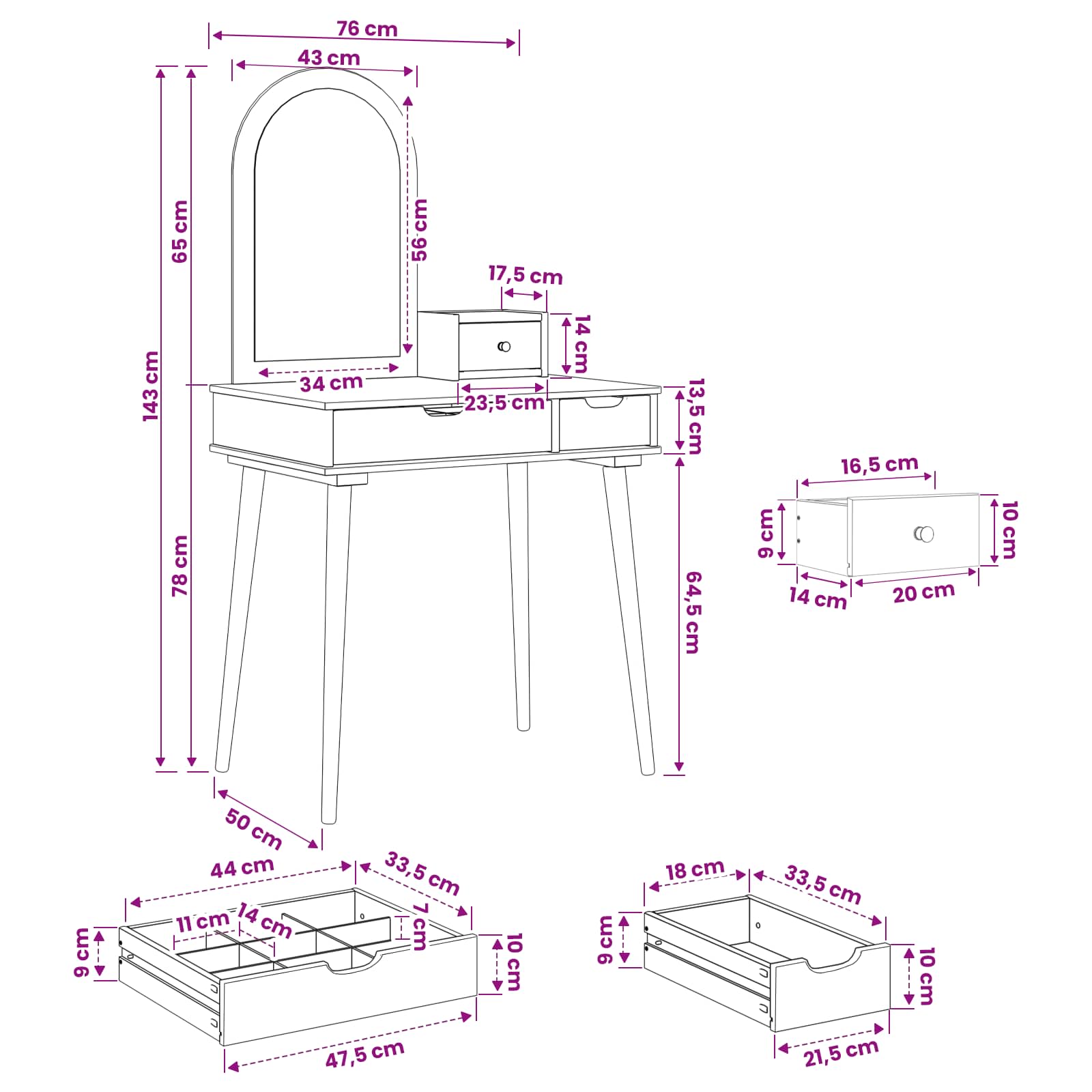 Schminktisch-Set FAUSKE 3 pcs Weiß 76 x 50 x 143 cm