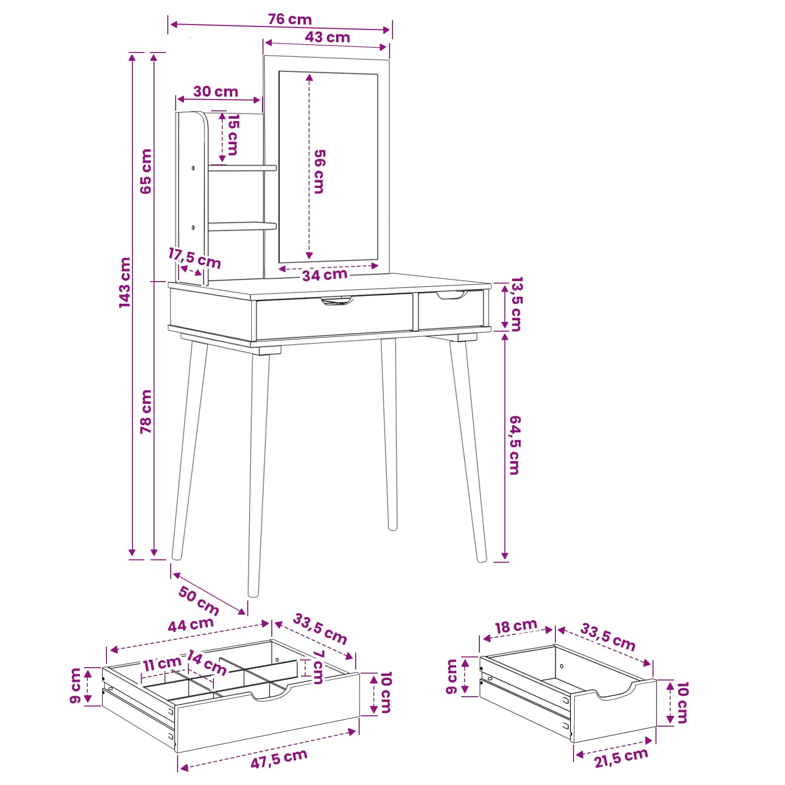 Schminktisch-Set FAUSKE 3 pcs Weiß 76 x 50 x 143 cm