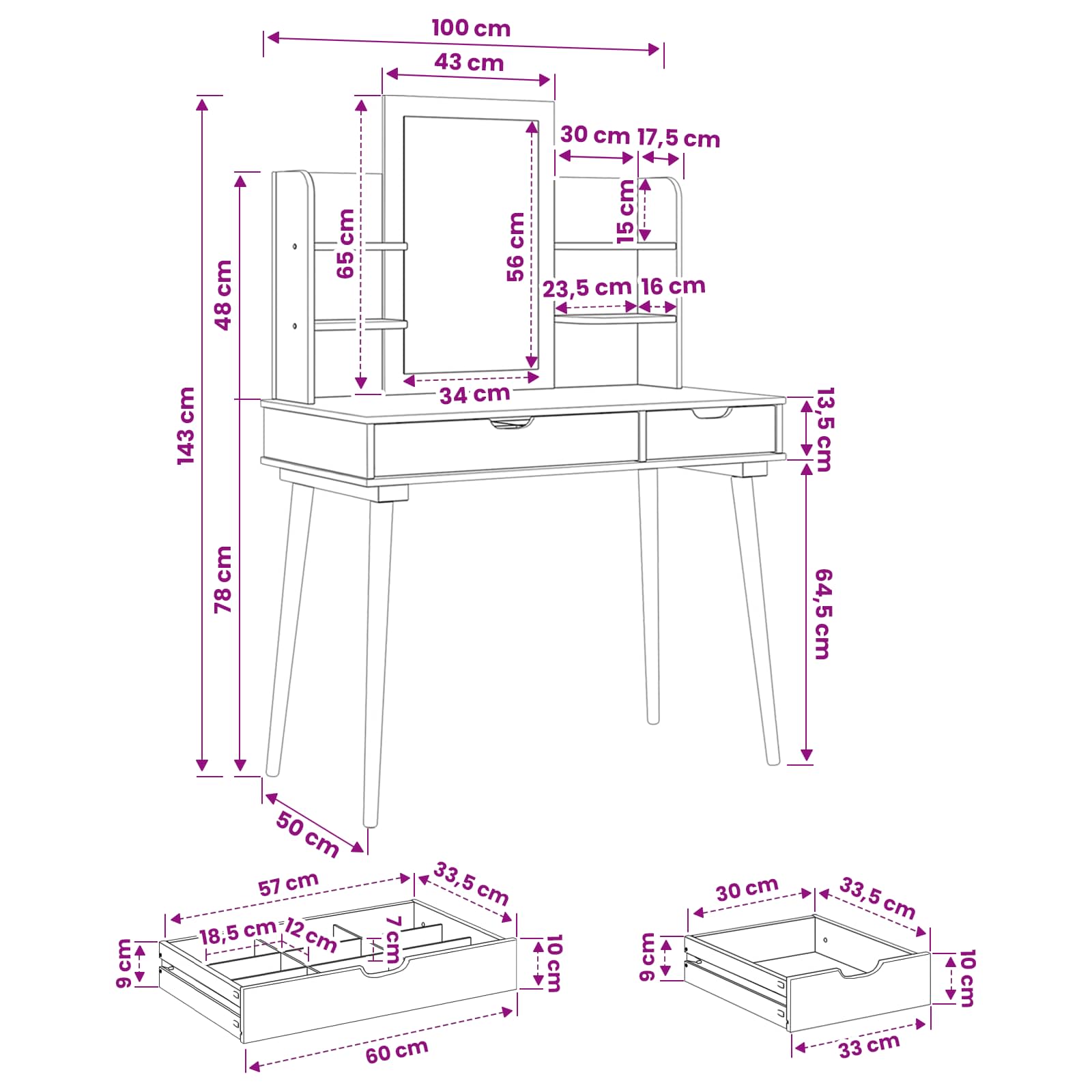 Schminktisch-Set FAUSKE 4 pcs Weiß 100 x 50 x 143 cm