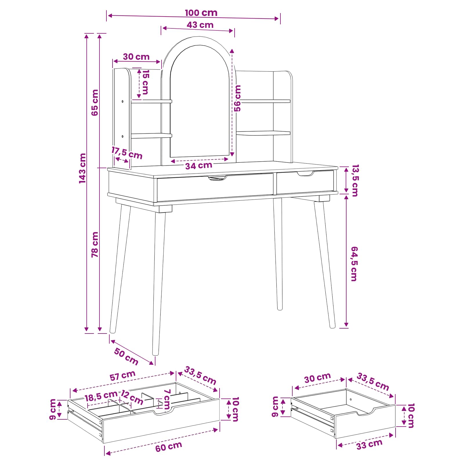 Schminktisch-Set FAUSKE 4 pcs Weiß 100 x 50 x 143 cm