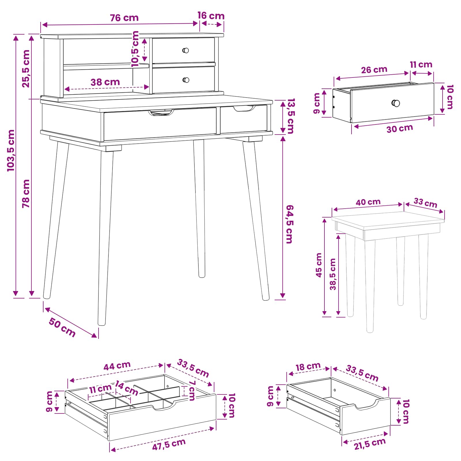 Schminktisch-Set FAUSKE 3 pcs Weiß 76 x 50 x 103,5 cm