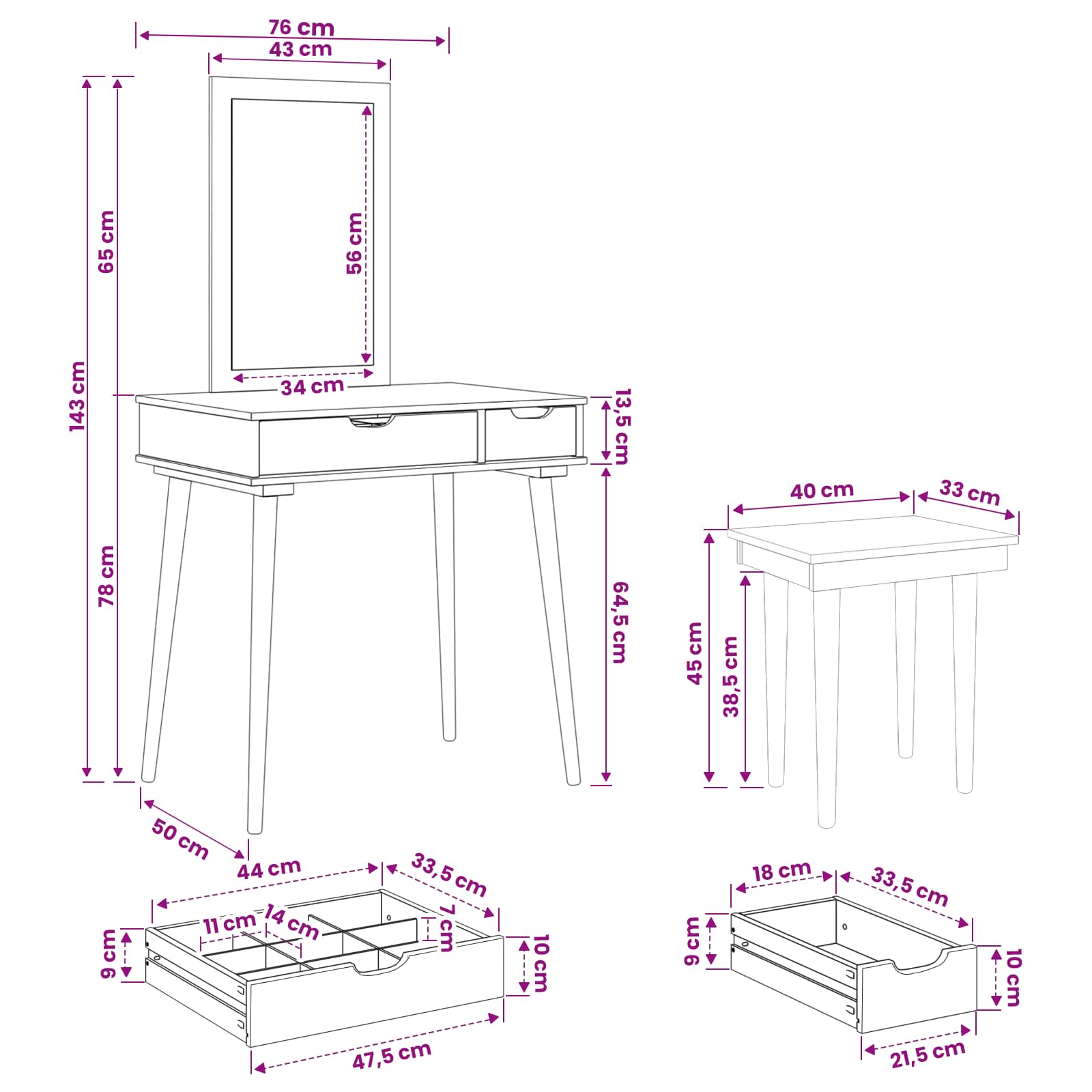 Schminktisch-Set FAUSKE 3 pcs Weiß 76 x 50 x 143 cm