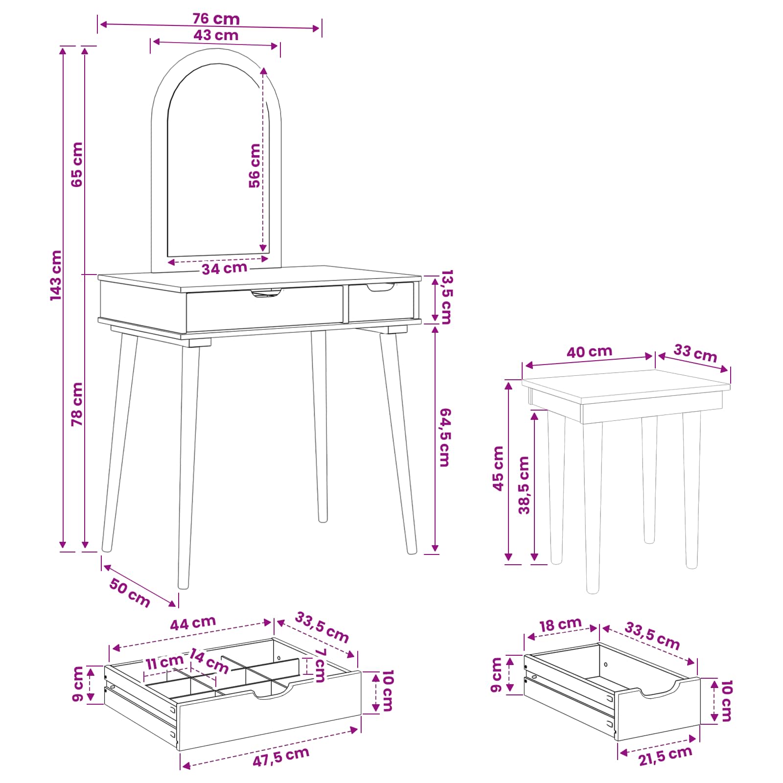 Schminktisch-Set FAUSKE 3 pcs Weiß 76 x 50 x 143 cm