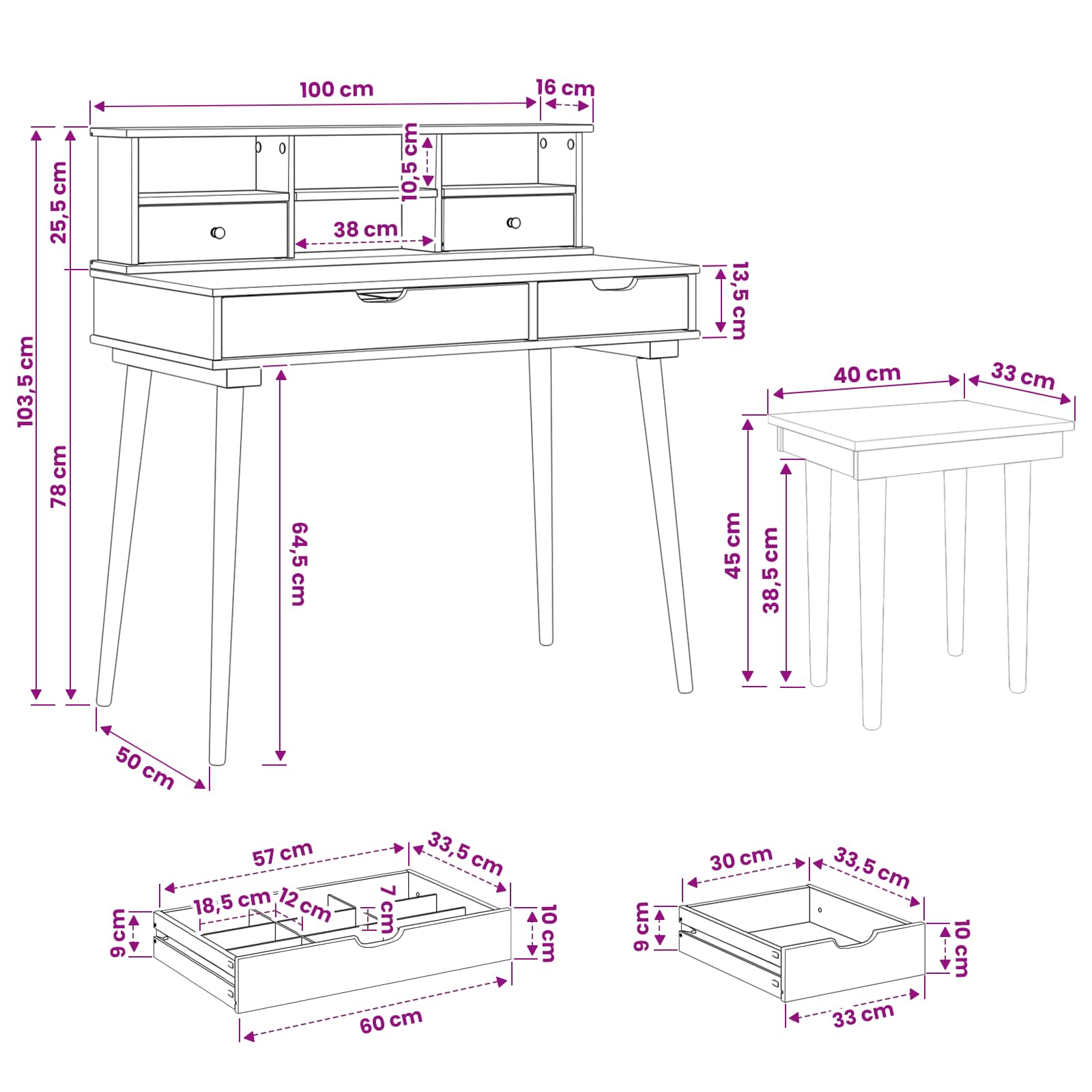 Schminktisch-Set FAUSKE 3 pcs Weiß 100 x 50 x 103,5 cm
