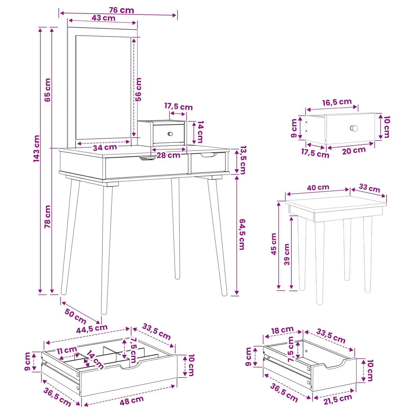 Schminktisch-Set FAUSKE 4 pcs Weiß 76 x 50 x 143 cm