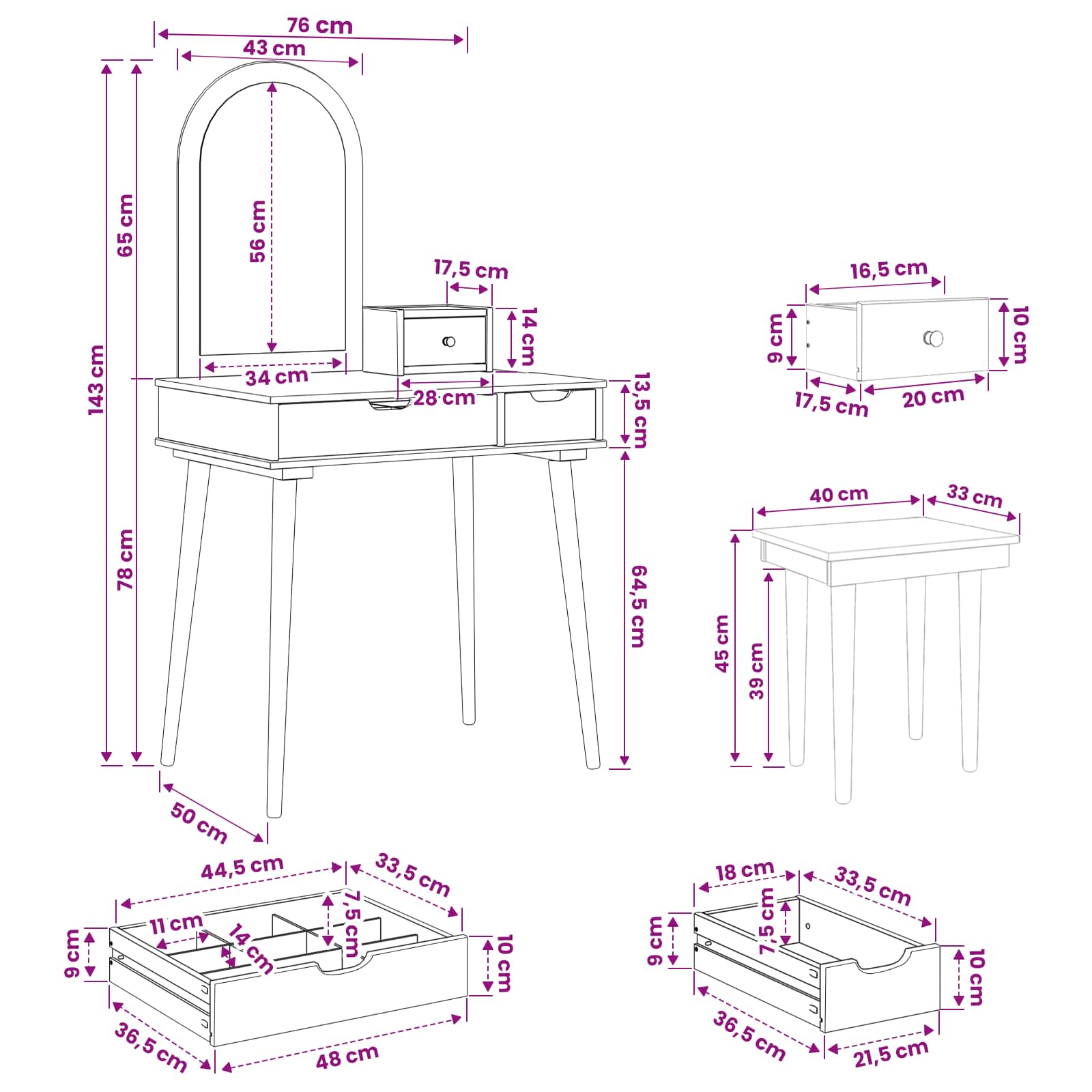 Schminktisch-Set FAUSKE 4 pcs Weiß 76 x 50 x 143 cm