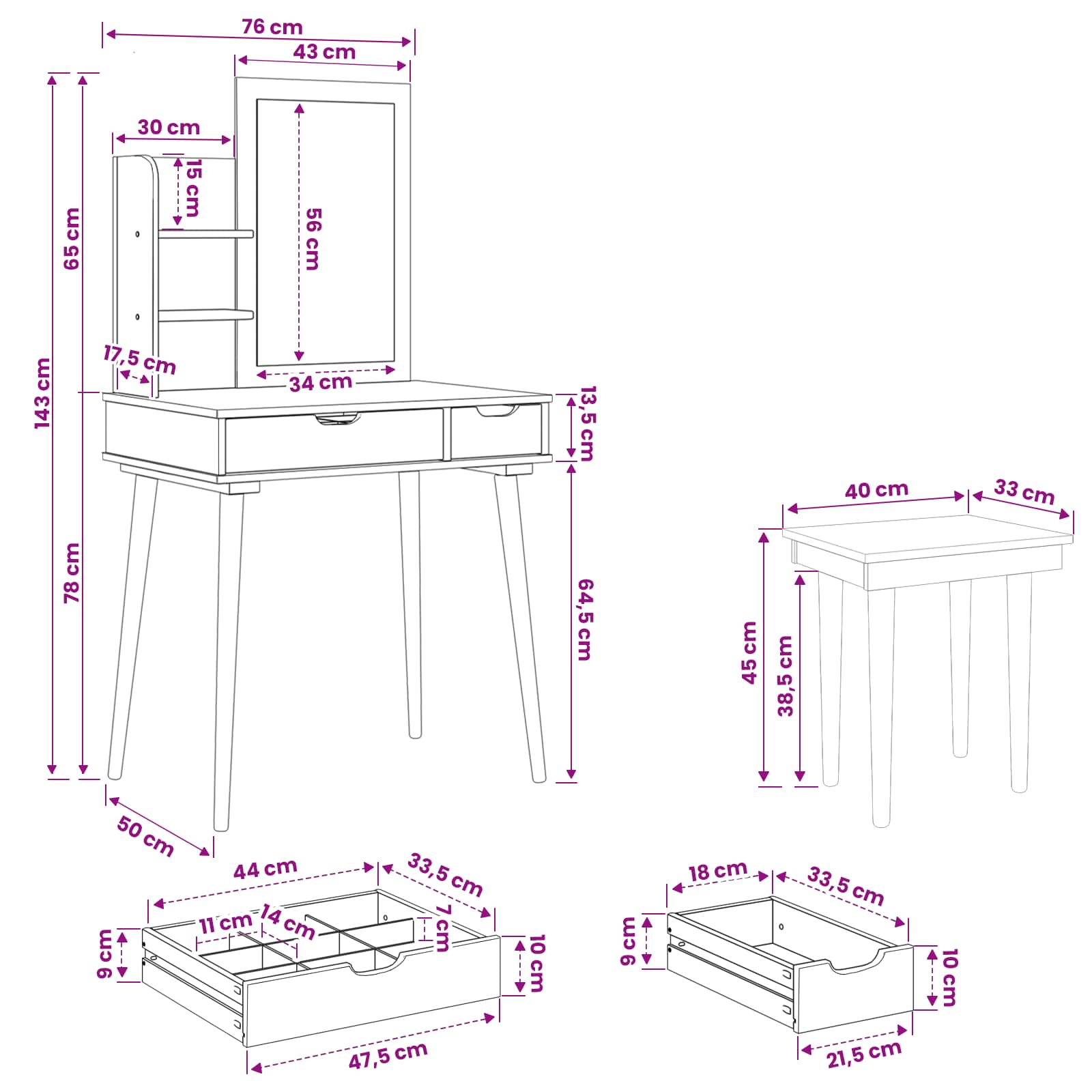 Schminktisch-Set FAUSKE 4 pcs Weiß 76 x 50 x 143 cm