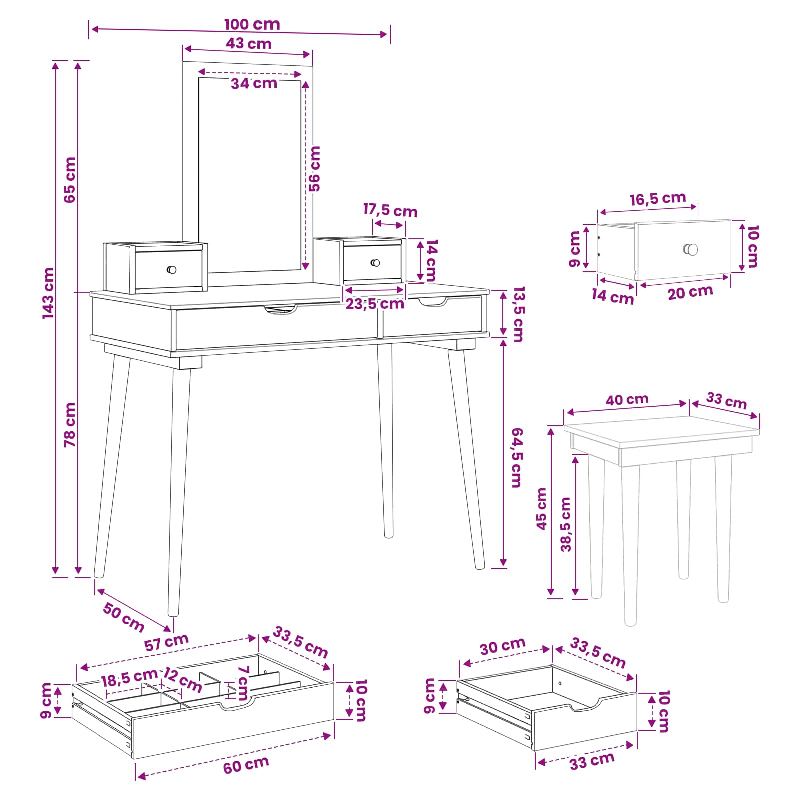 Schminktisch-Set FAUSKE 5 pcs Weiß 100 x 50 x 143 cm