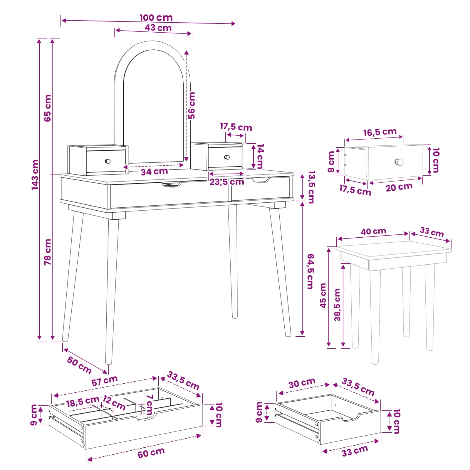 Schminktisch-Set FAUSKE 5 pcs Weiß 100 x 50 x 143 cm