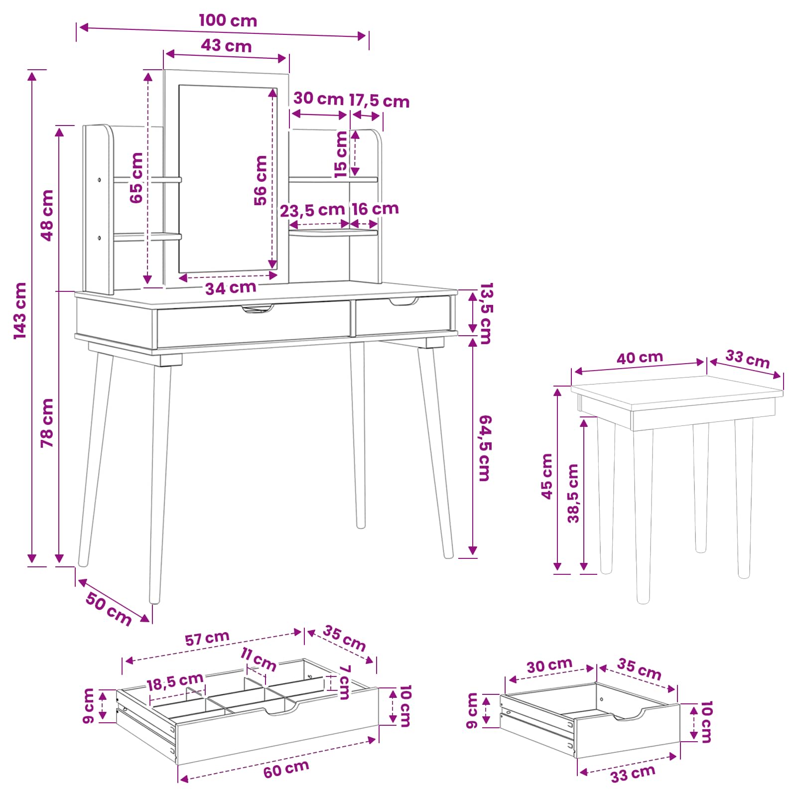 Schminktisch-Set FAUSKE 5 Stk. Weiß 100 x 50 x 143 cm