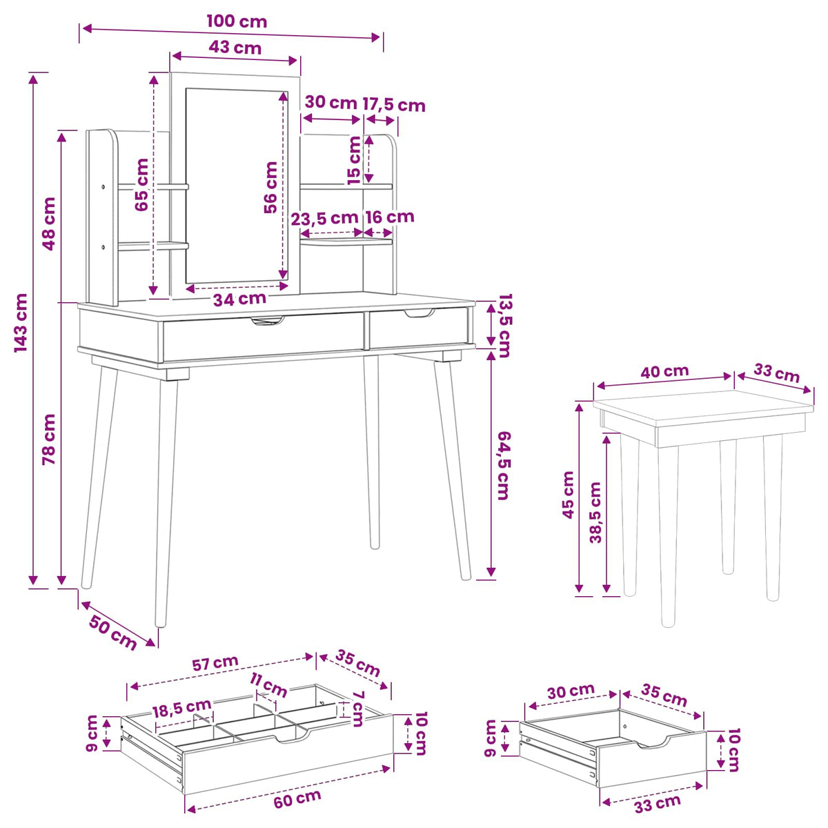 Schminktisch-Set FAUSKE 5 stk. Weiß 100 x 50 x 143 cm