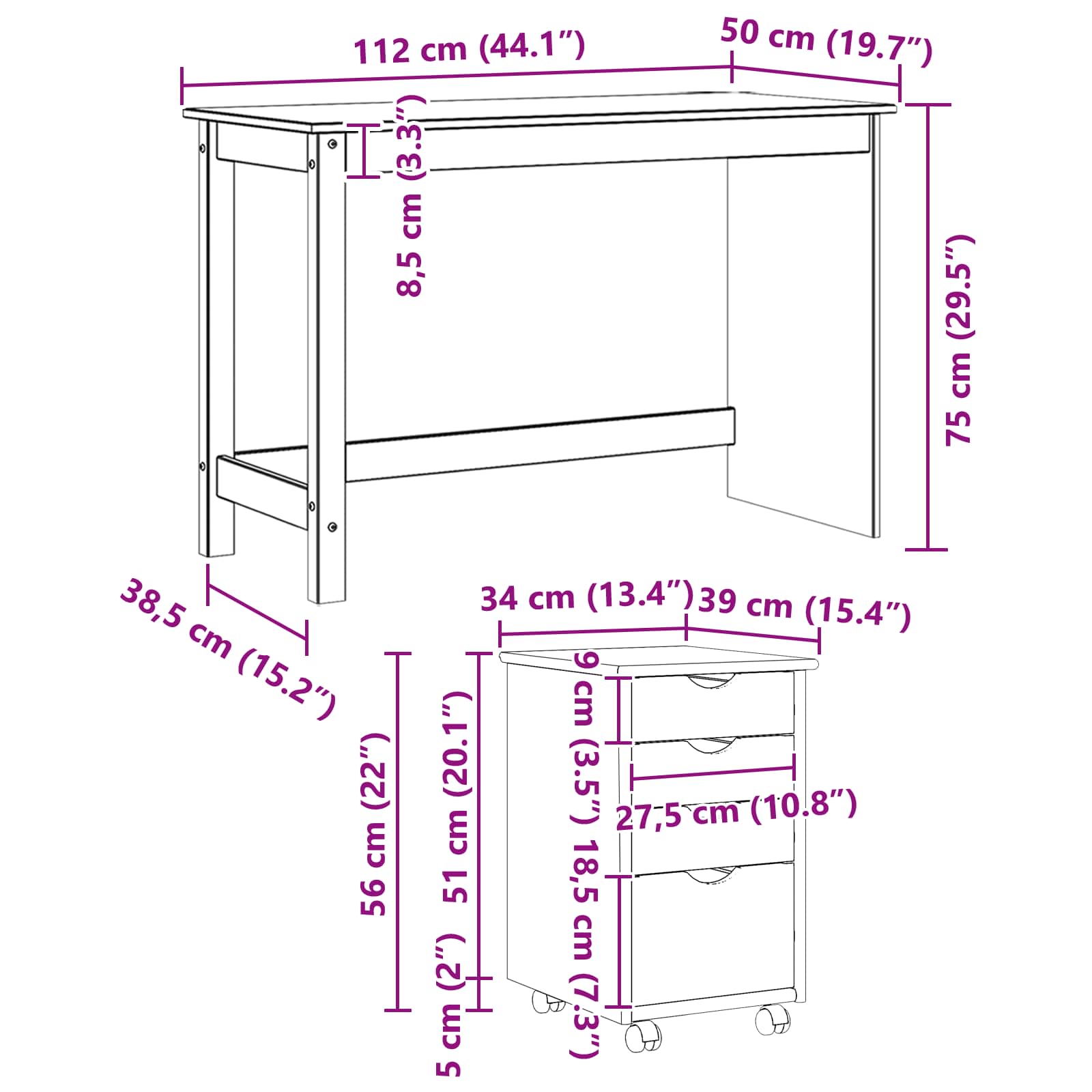 Schreibtischschrank-Set 2 stk. Weiß Massives Kiefernholz