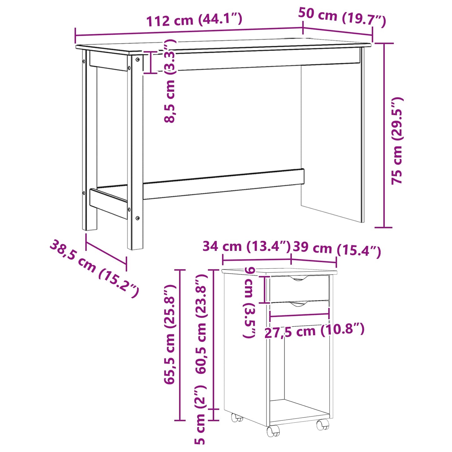Schreibtischschrank-Set 2 stk. Weiß Massives Kiefernholz