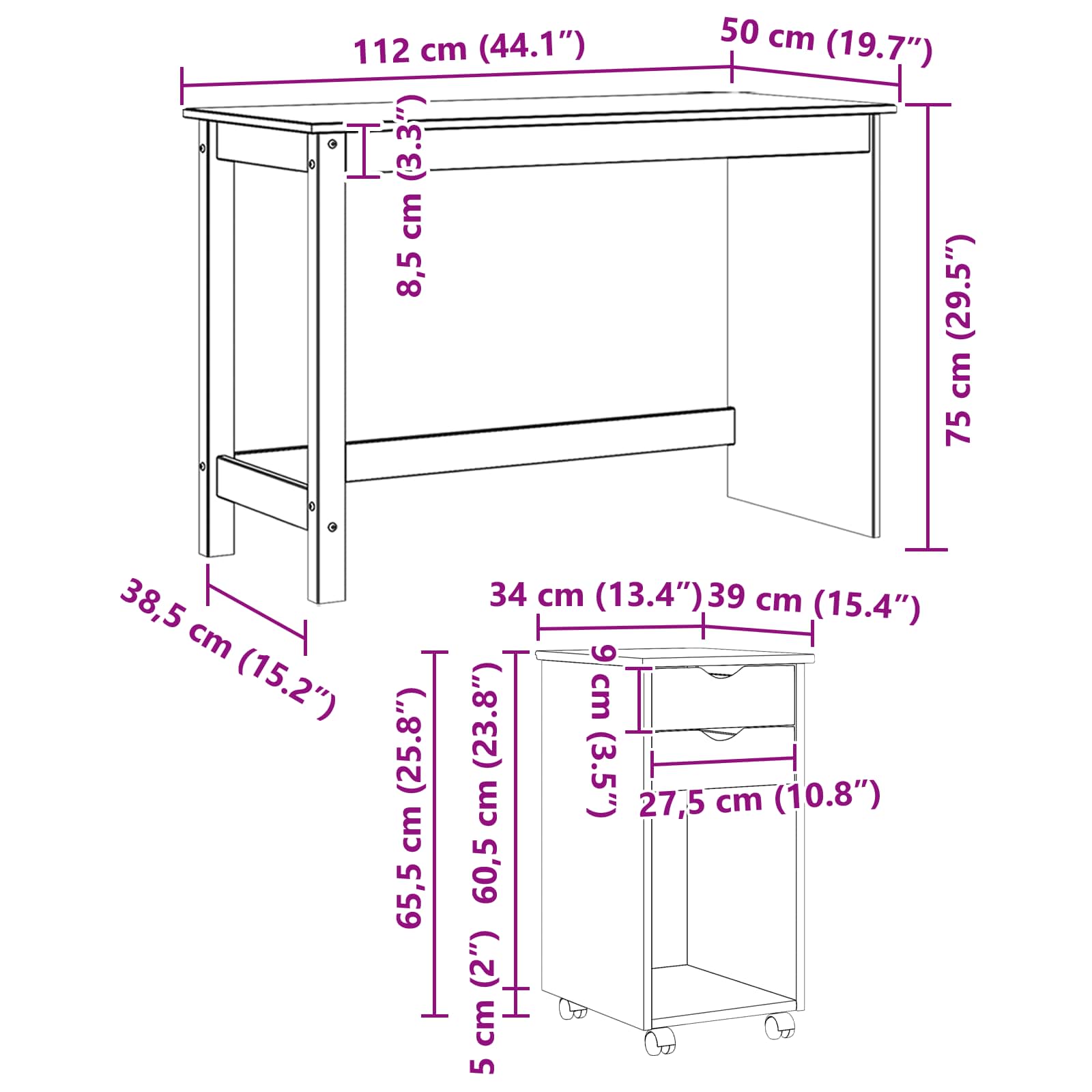 Schreibtischschrank-Set 2 stk. Schwarz Massives Kiefernholz
