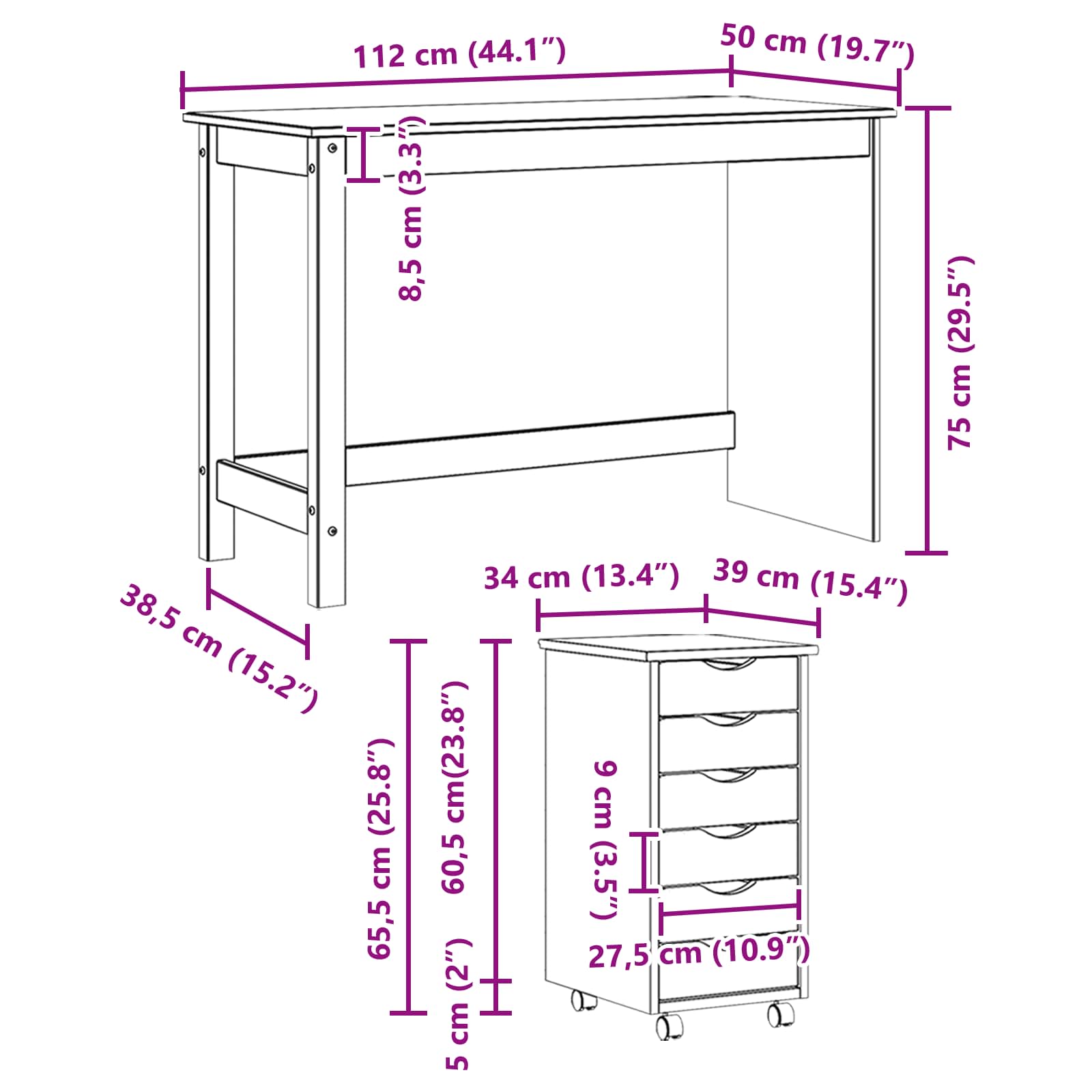 Desk und Rolling Cabinet Set MOSS 2 stk. Braun