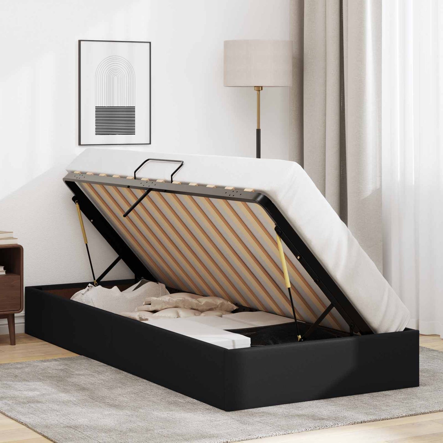 Ottoman Bettgestell mit Speicher Schwarz 90 x 190 cm Kunstleder