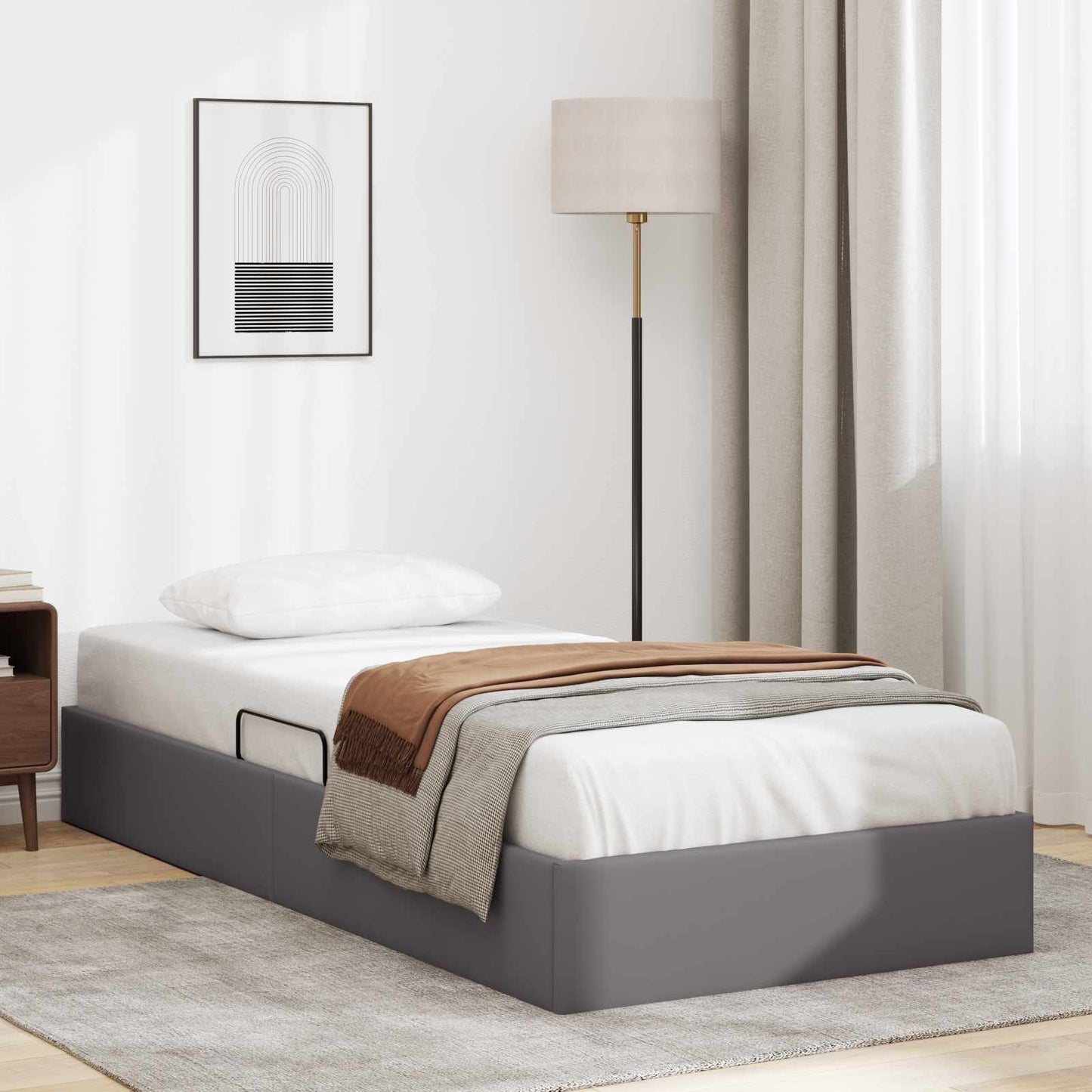 Ottoman Bettgestell mit Speicher Grau 90 x 200 cm Kunstleder