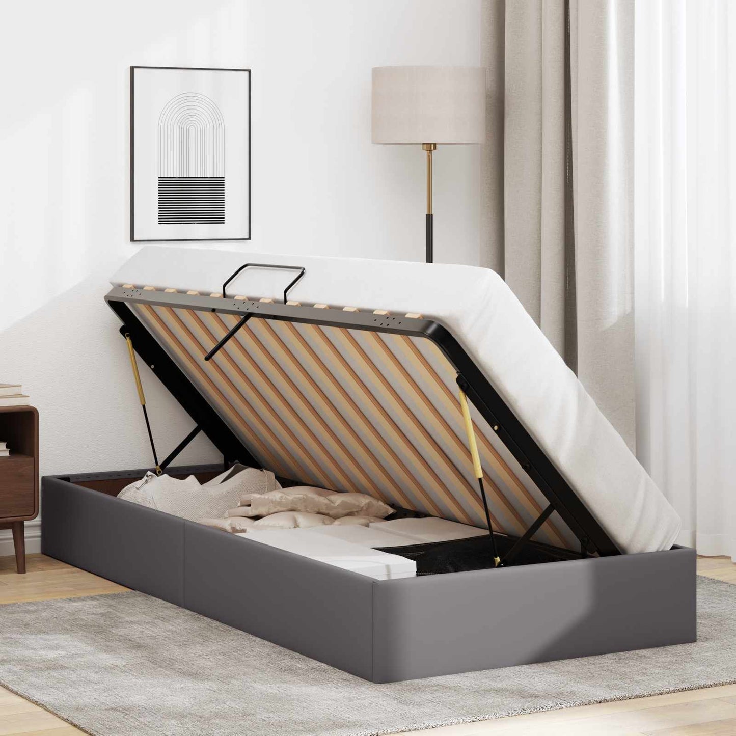 Ottoman Bettgestell mit Speicher Grau 90 x 200 cm Kunstleder