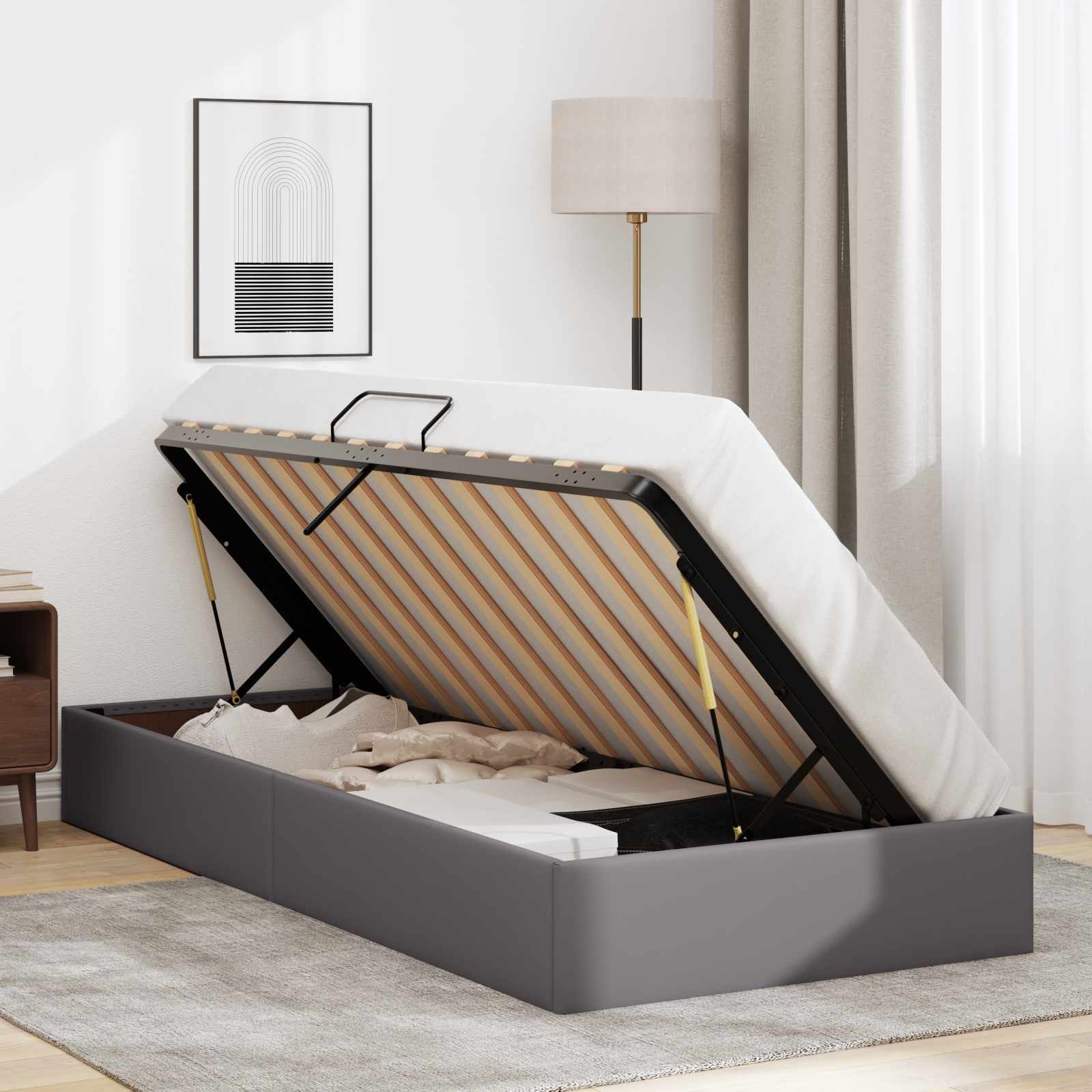 Ottoman Bettgestell mit Speicher Grau 90 x 200 cm Kunstleder