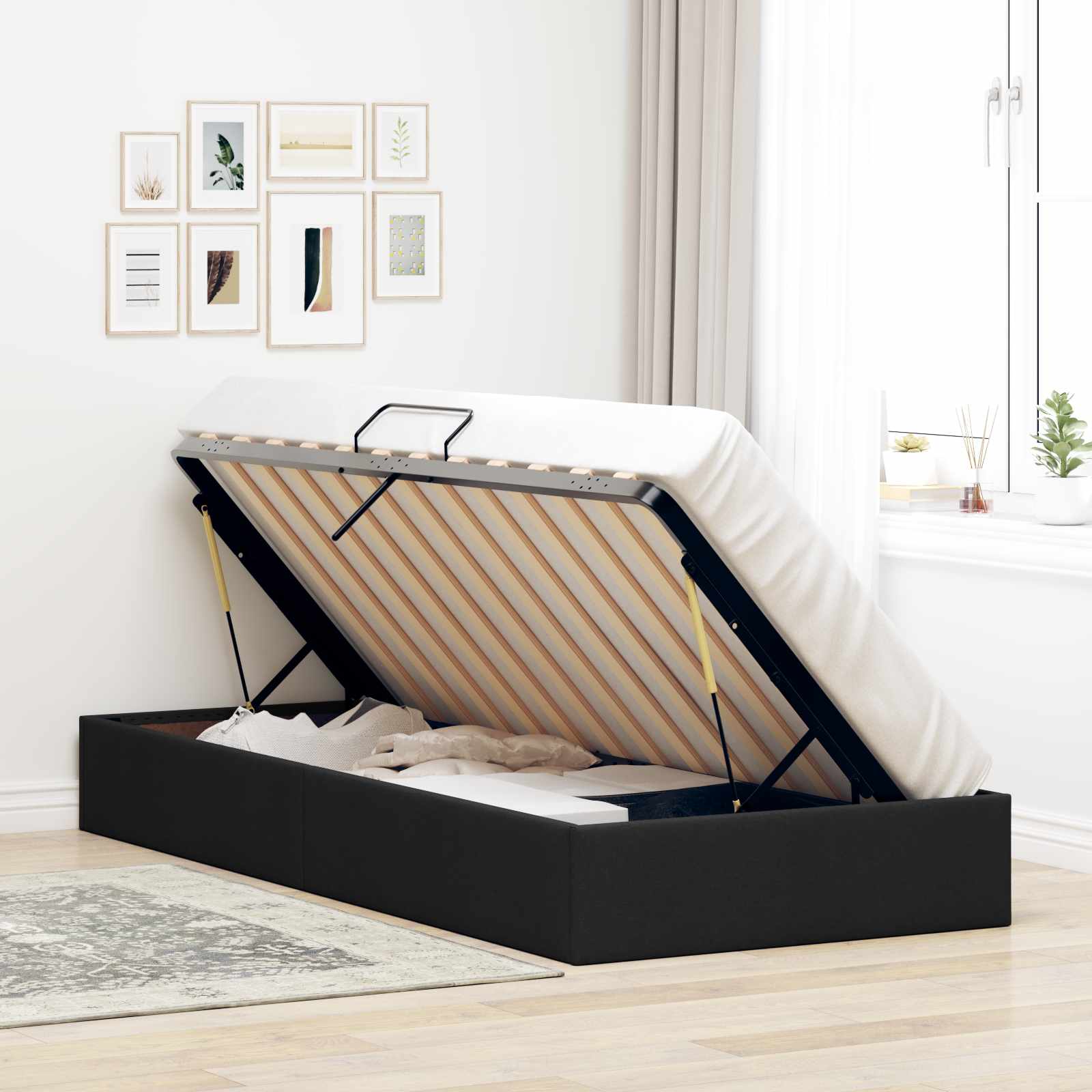 Ottoman Bettgestell mit Speicher Schwarz 90 x 190 cm Stoff