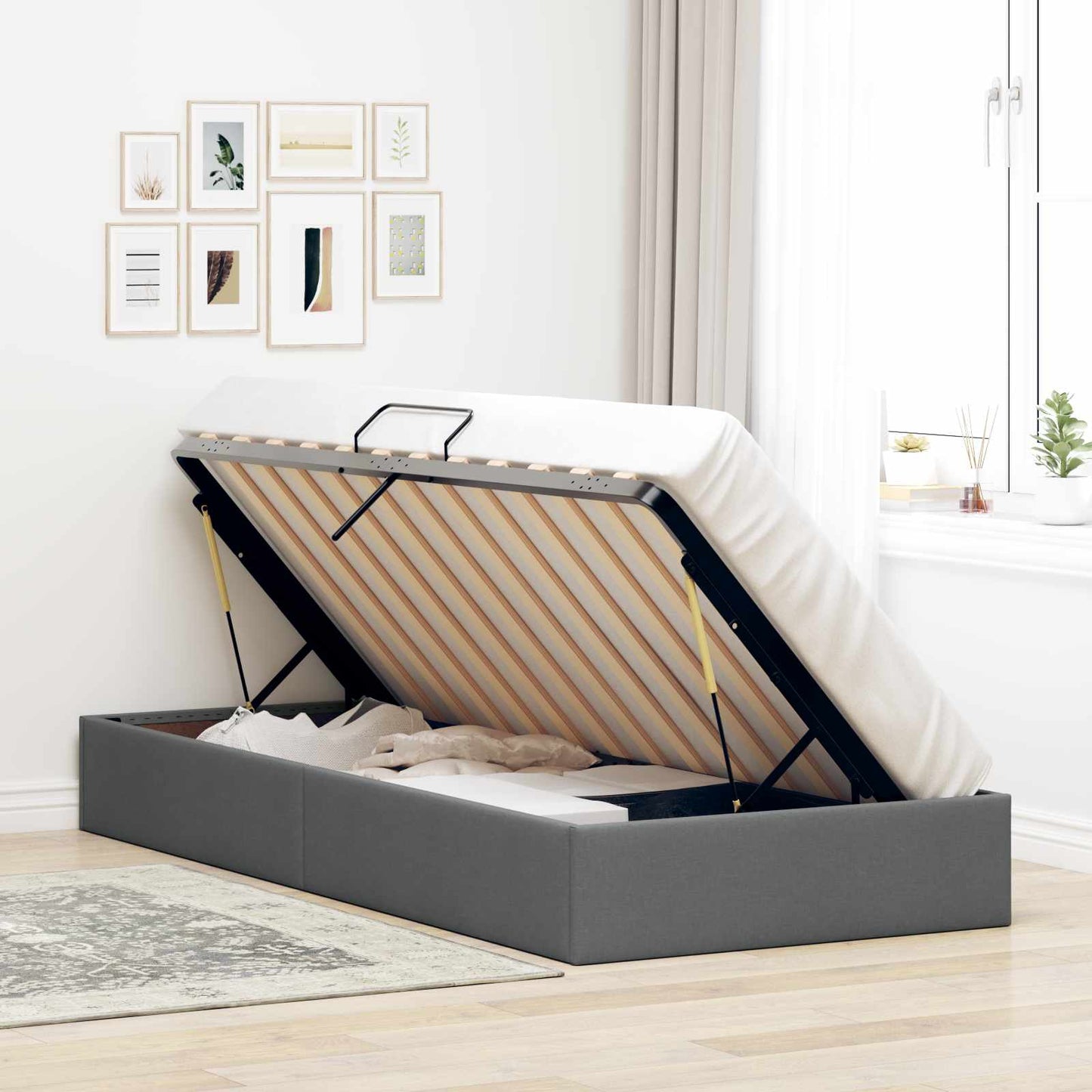 Ottoman Bettgestell mit Speicher Dunkelgrau 90 x 200 cm Stoff