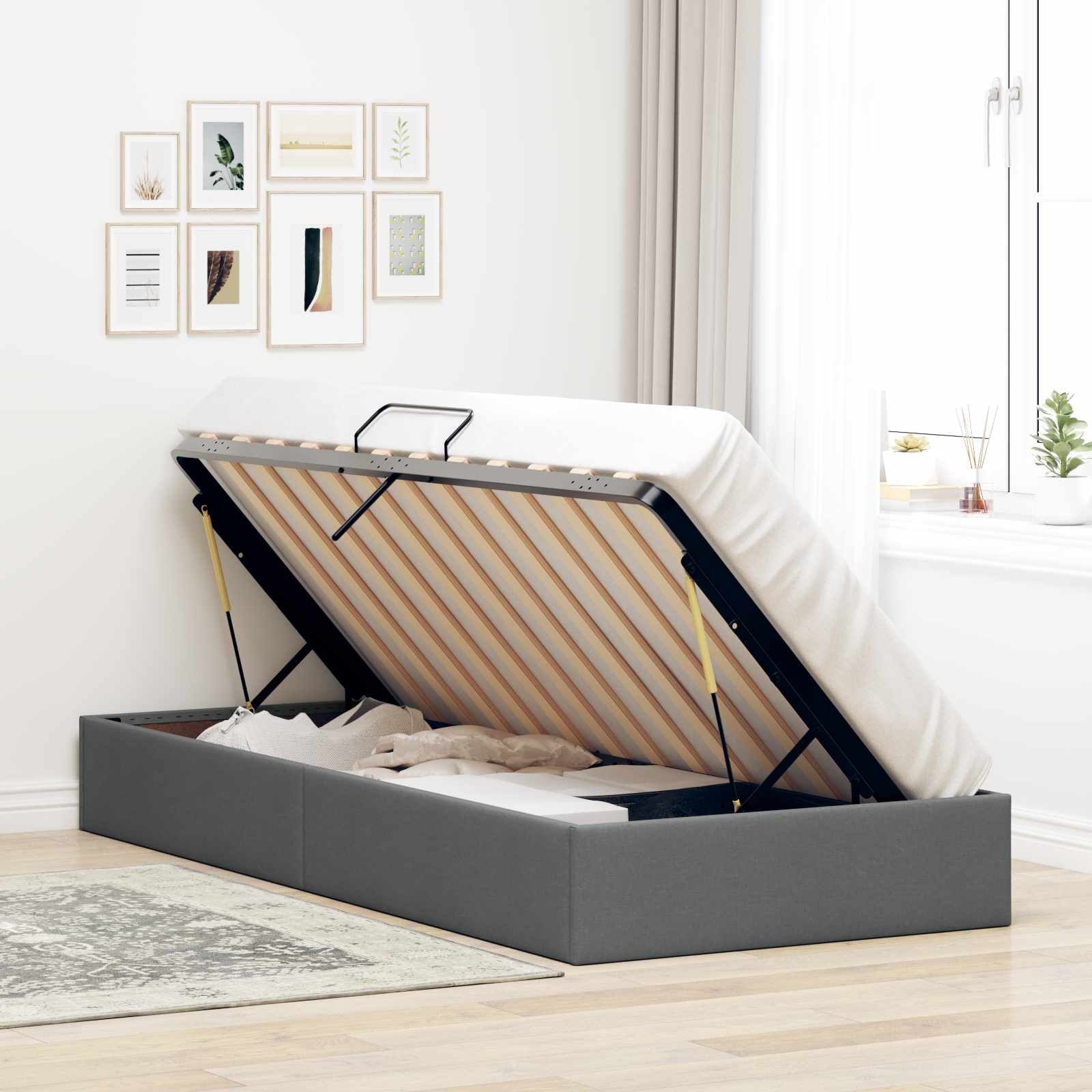 Ottoman Bettgestell mit Speicher Dunkelgrau 90 x 200 cm Stoff