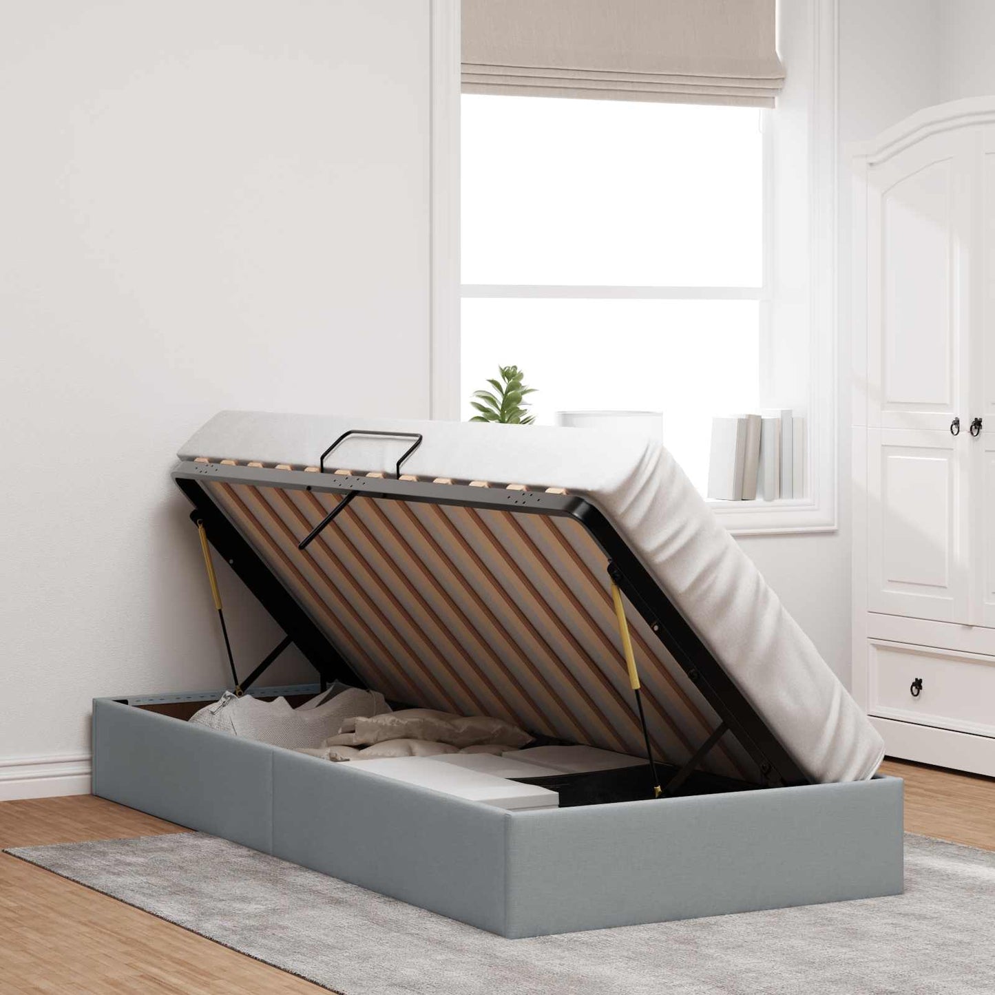 Ottoman Bettgestell mit Speicher Hellgrau 100 x 200 cm Stoff