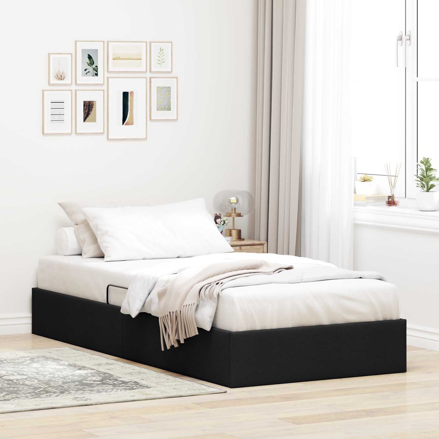 Ottoman Bettgestell mit Speicher Schwarz 100 x 200 cm Stoff
