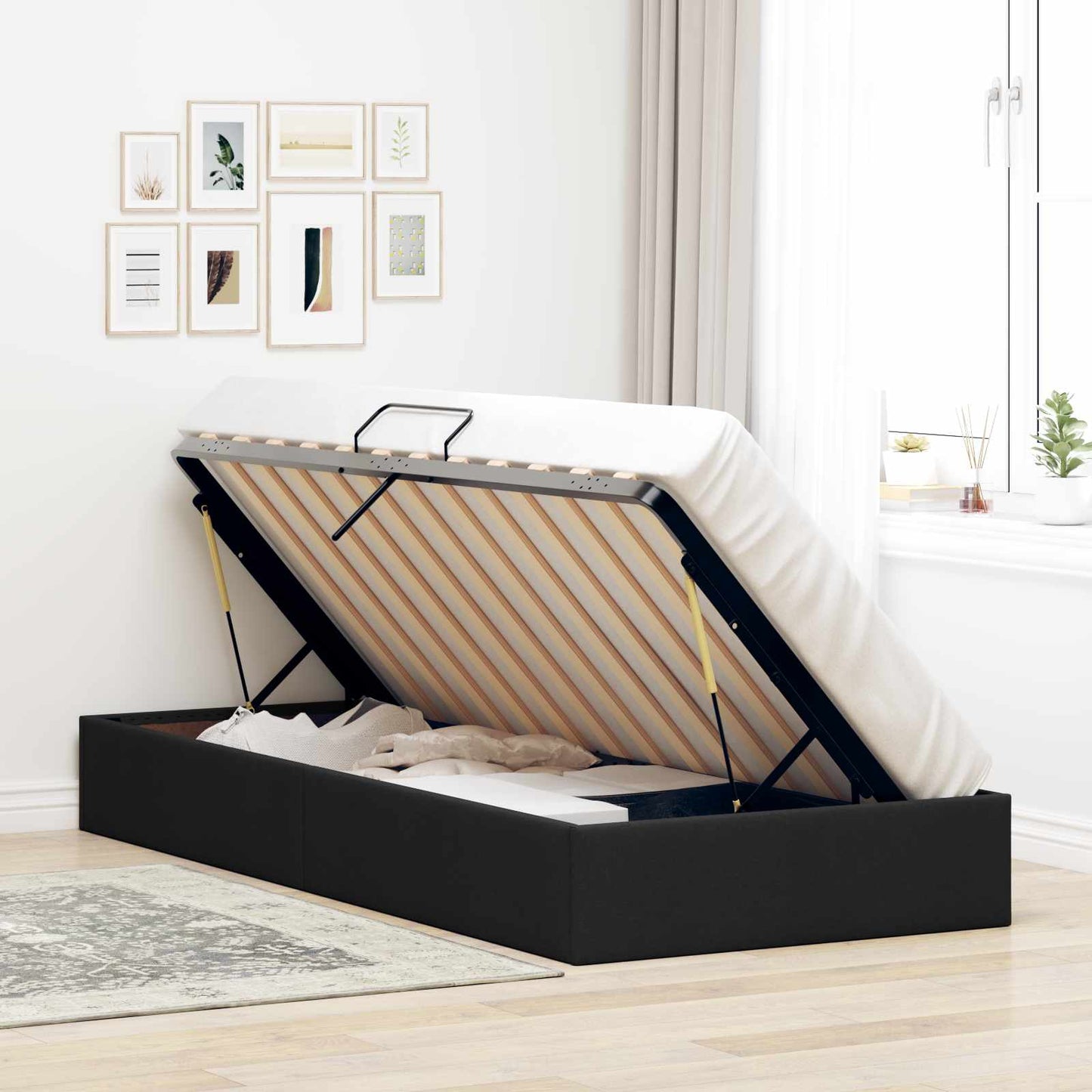 Ottoman Bettgestell mit Speicher Schwarz 100 x 200 cm Stoff
