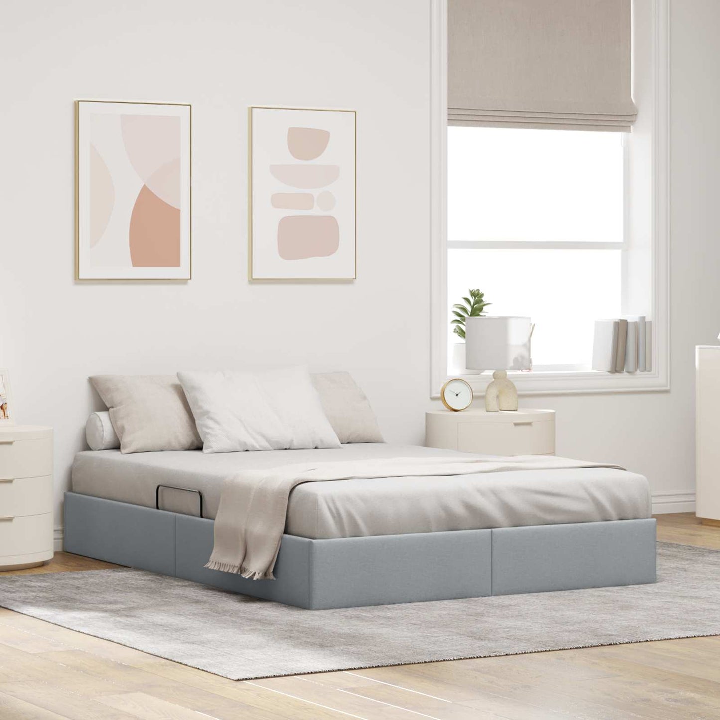 Ottoman Bettgestell mit Speicher Hellgrau 140 x 200 cm Stoff