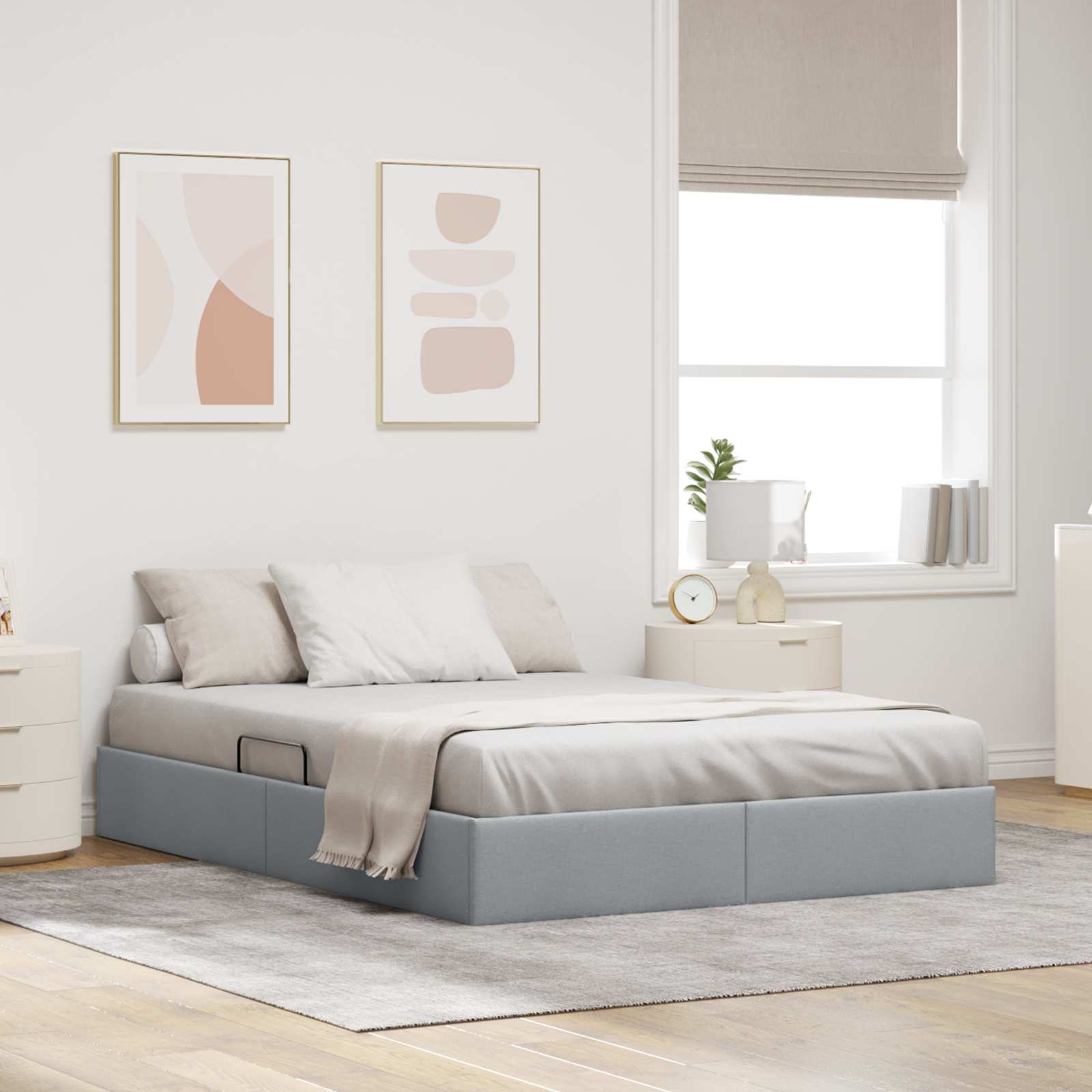 Ottoman Bettgestell mit Speicher Hellgrau 140 x 200 cm Stoff