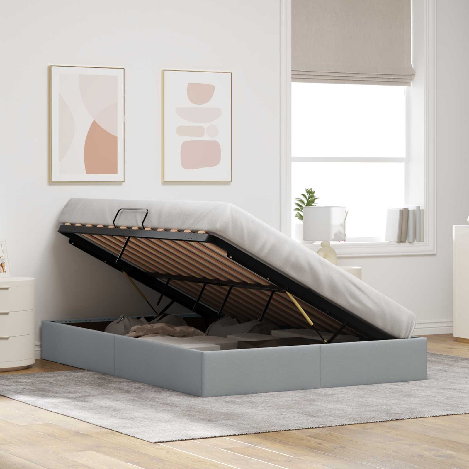 Ottoman Bettgestell mit Speicher Hellgrau 140 x 200 cm Stoff
