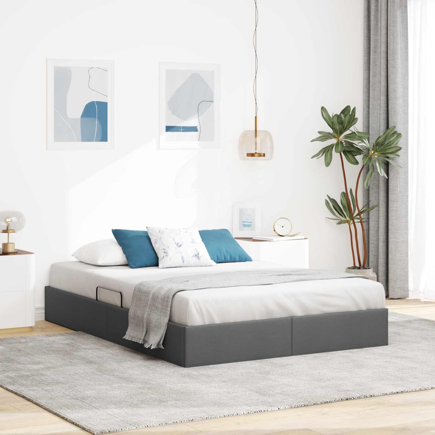 Ottoman Bettgestell mit Speicher Dunkelgrau 140 x 200 cm Stoff