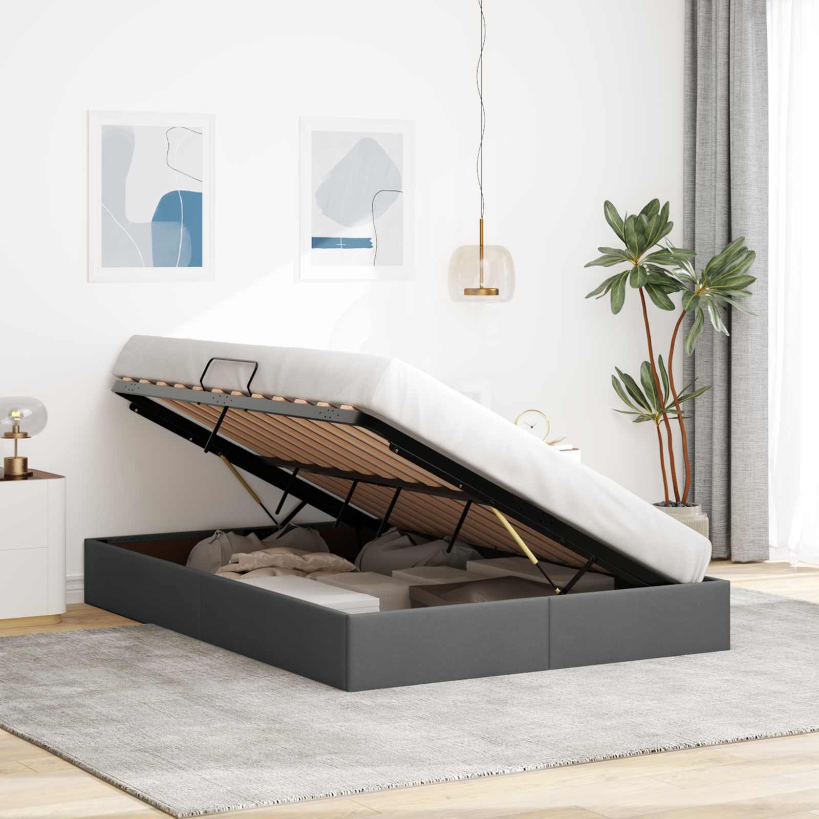 Ottoman Bettgestell mit Speicher Dunkelgrau 140 x 200 cm Stoff