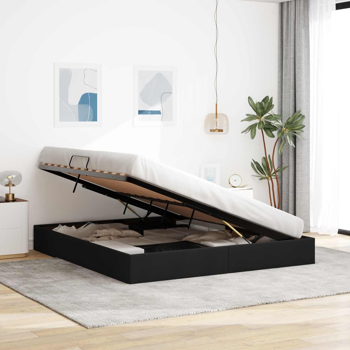 Ottoman Bettgestell mit Speicher Schwarz 160 x 200 cm Stoff