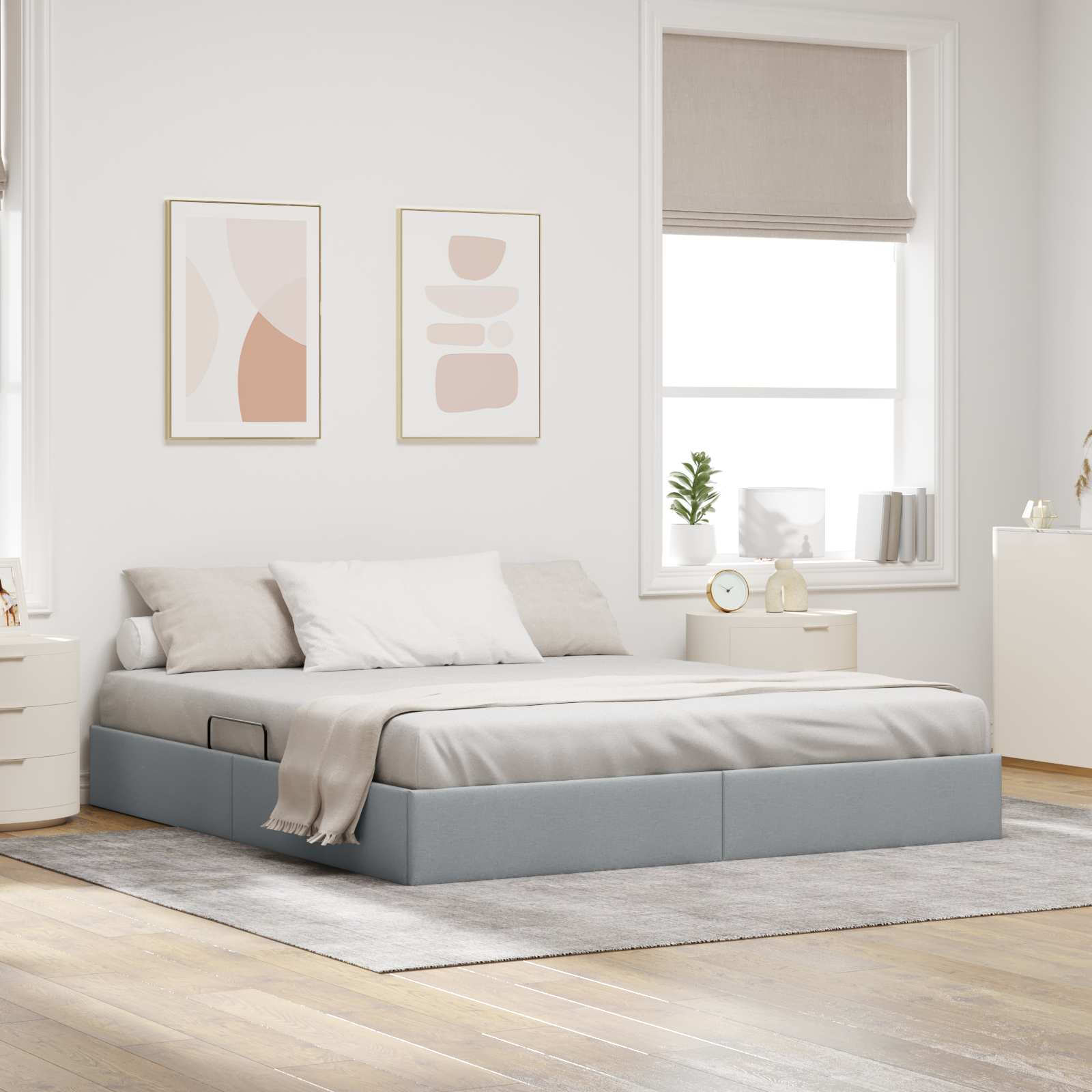 Ottoman Bettgestell mit Speicher Hellgrau 180 x 200 cm Stoff