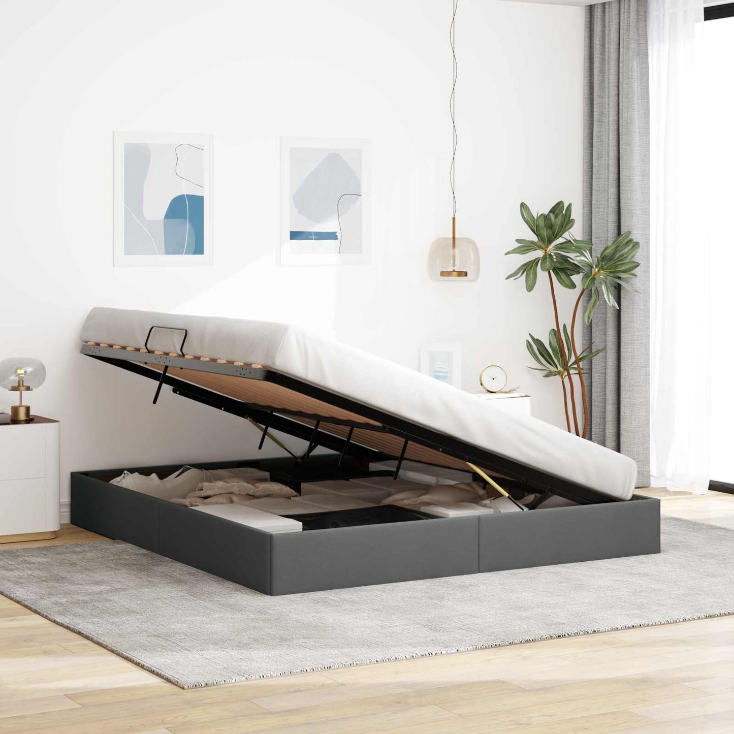 Ottoman Bettgestell mit Speicher Dunkelgrau 180 x 200 cm Stoff