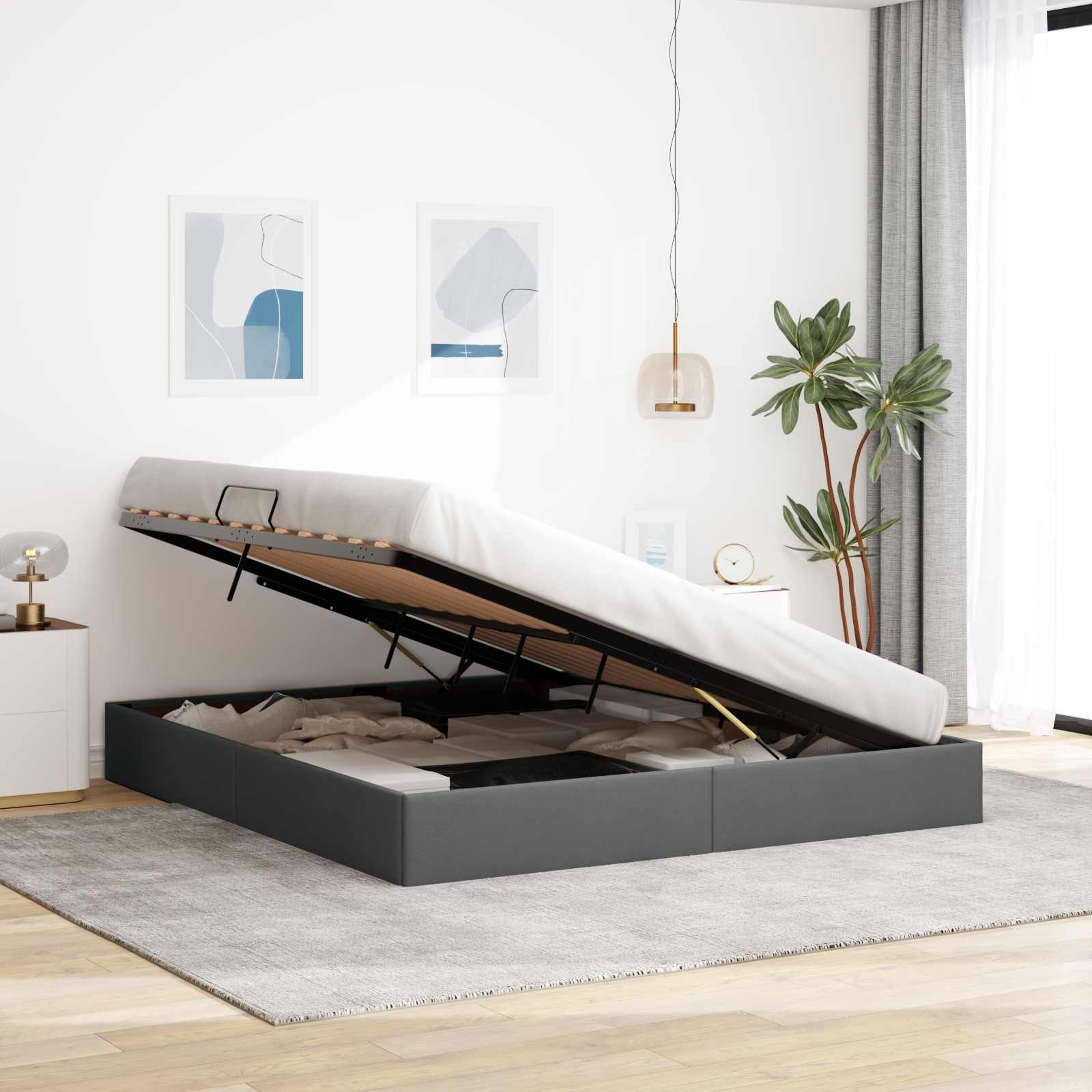 Ottoman Bettgestell mit Speicher Dunkelgrau 180 x 200 cm Stoff