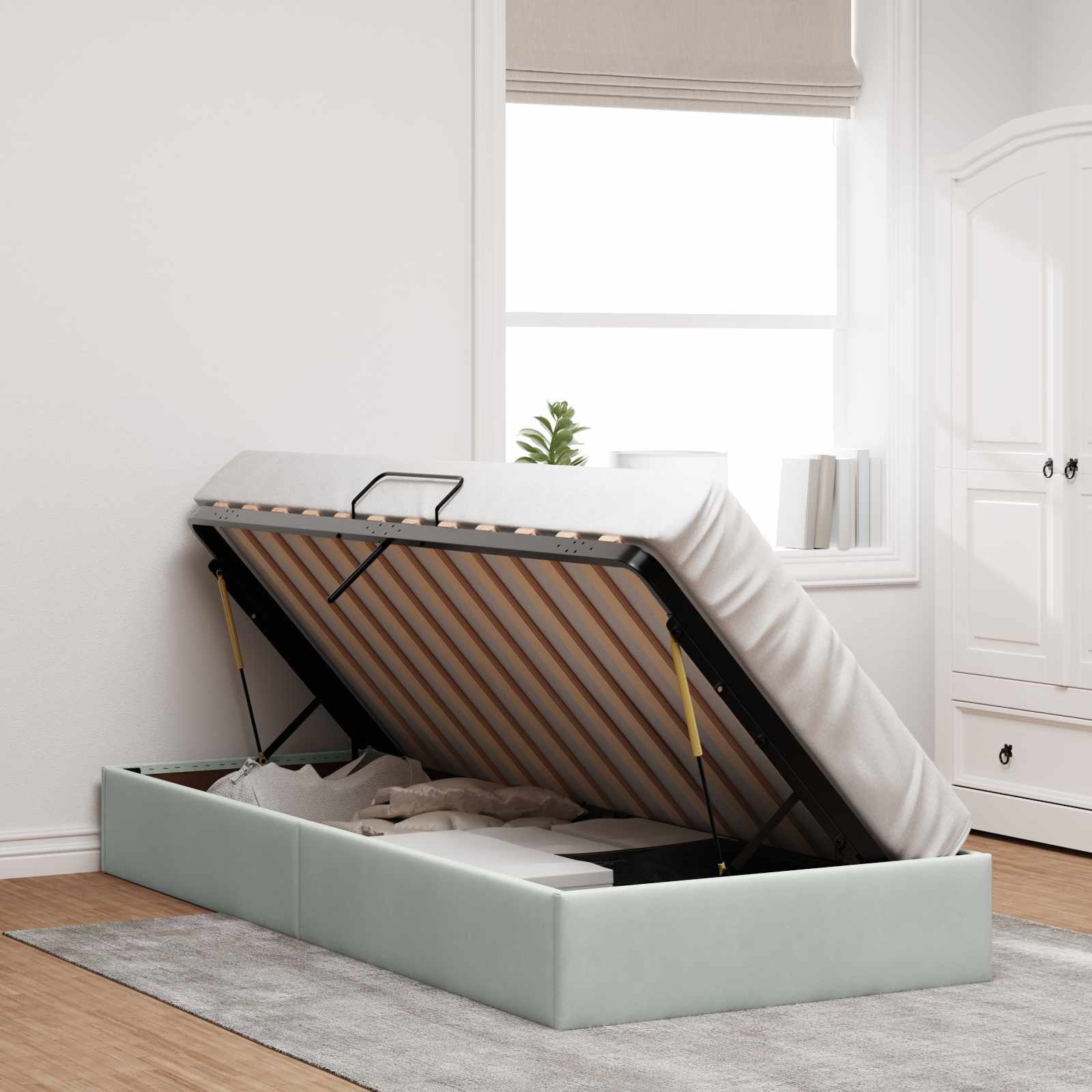 Ottoman Bettgestell mit Speicher Hellgrau 100 x 200 cm Samt