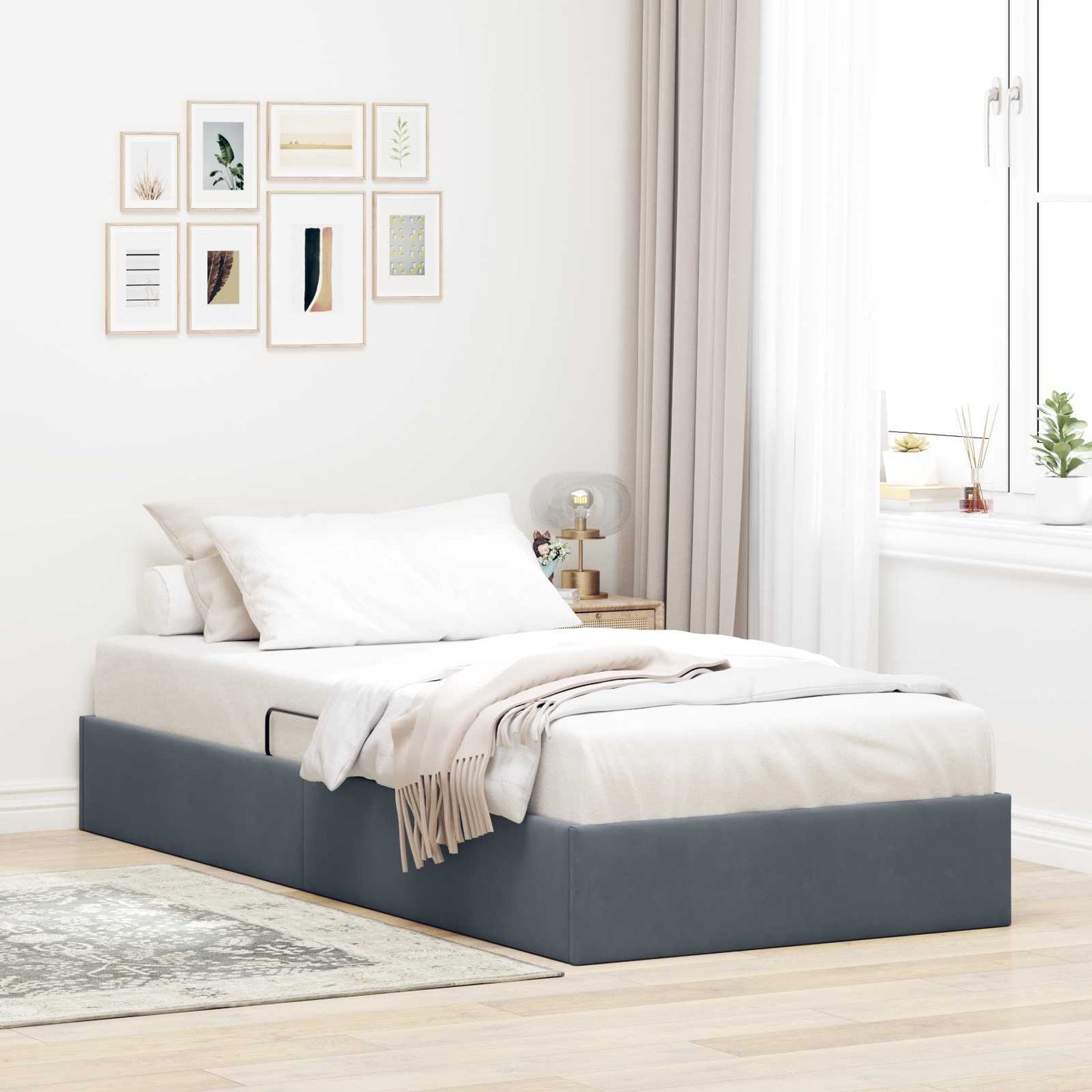 Ottoman Bettgestell mit Speicher Dunkelgrau 100 x 200 cm Samt