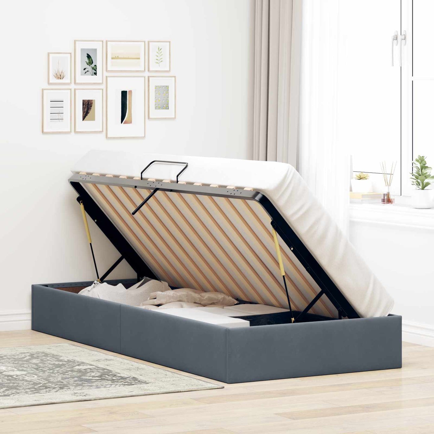 Ottoman Bettgestell mit Speicher Dunkelgrau 100 x 200 cm Samt