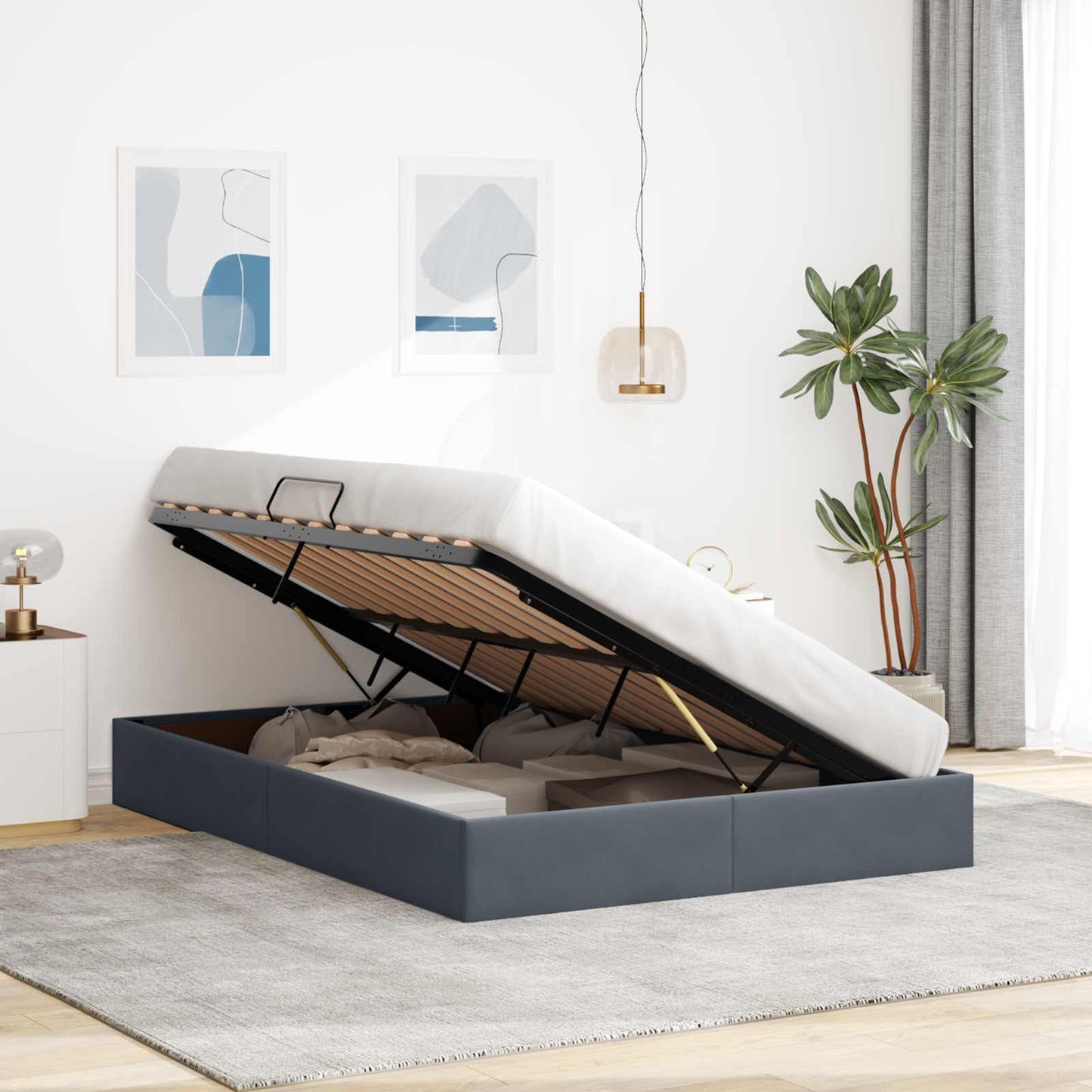 Ottoman Bettgestell mit Speicher Dunkelgrau 140 x 200 cm Samt